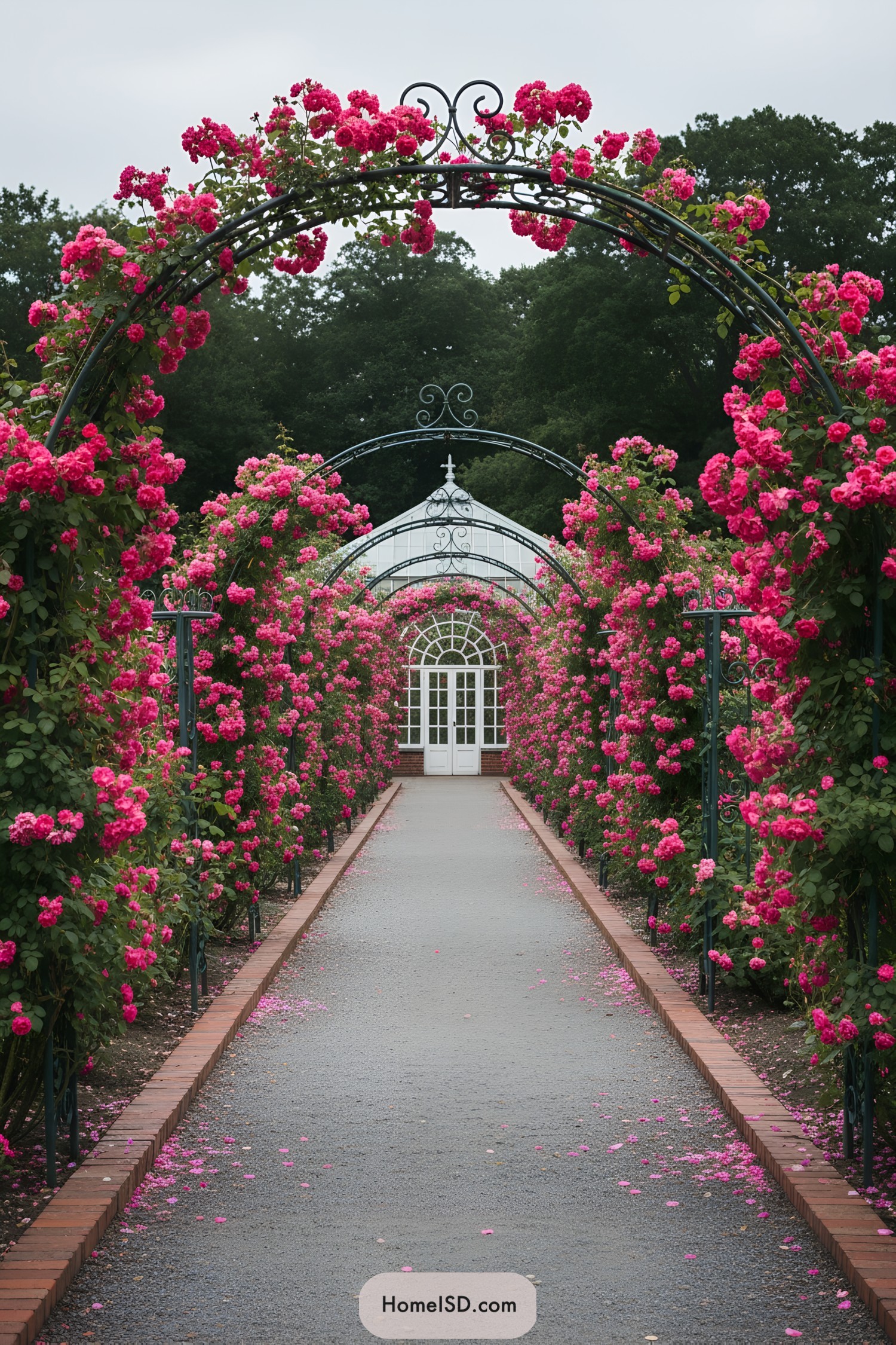 Arched walkway lined with cascading pink roses