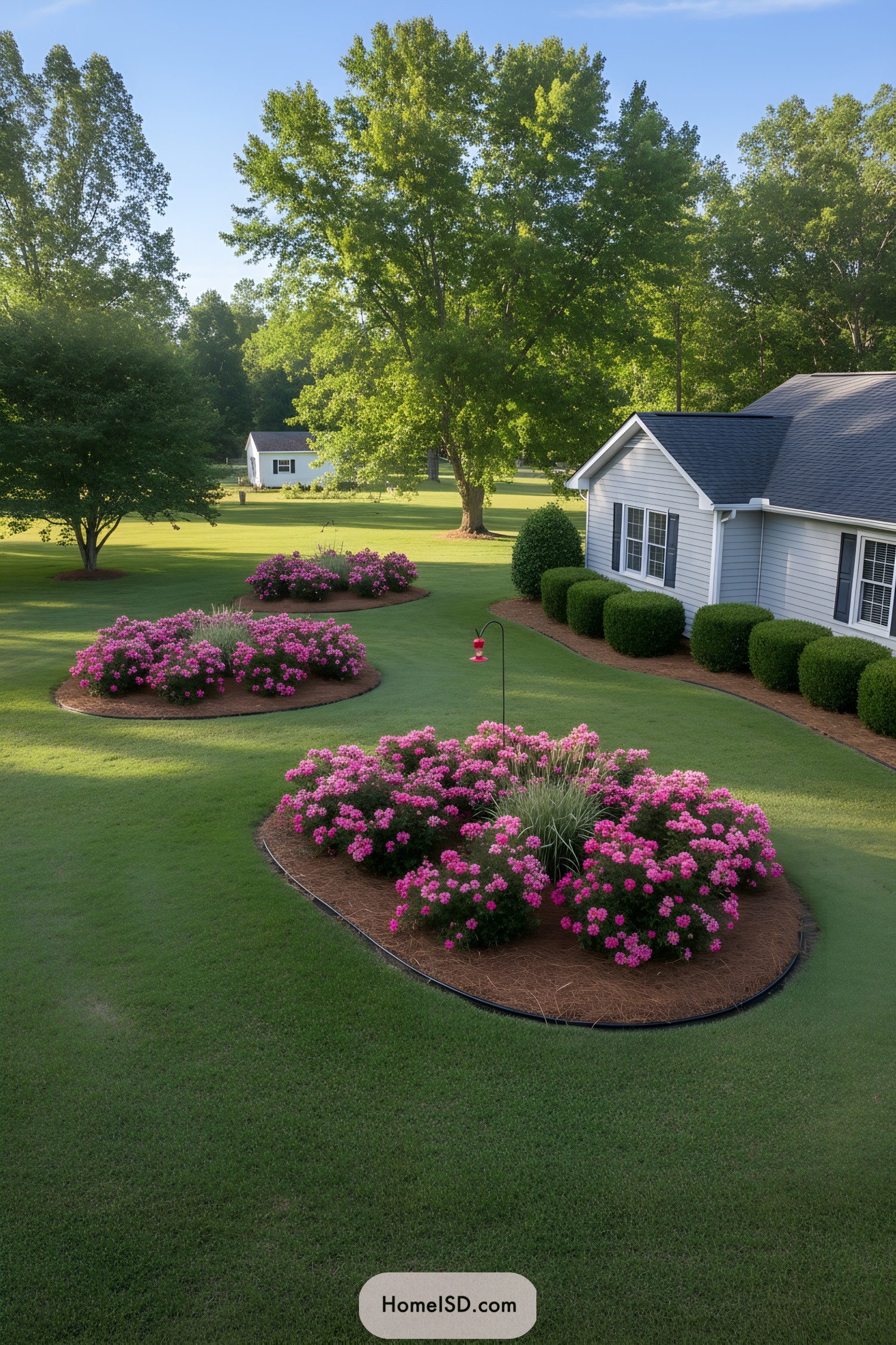 Pink rose mounds in oval beds across a lawn beside a gray house