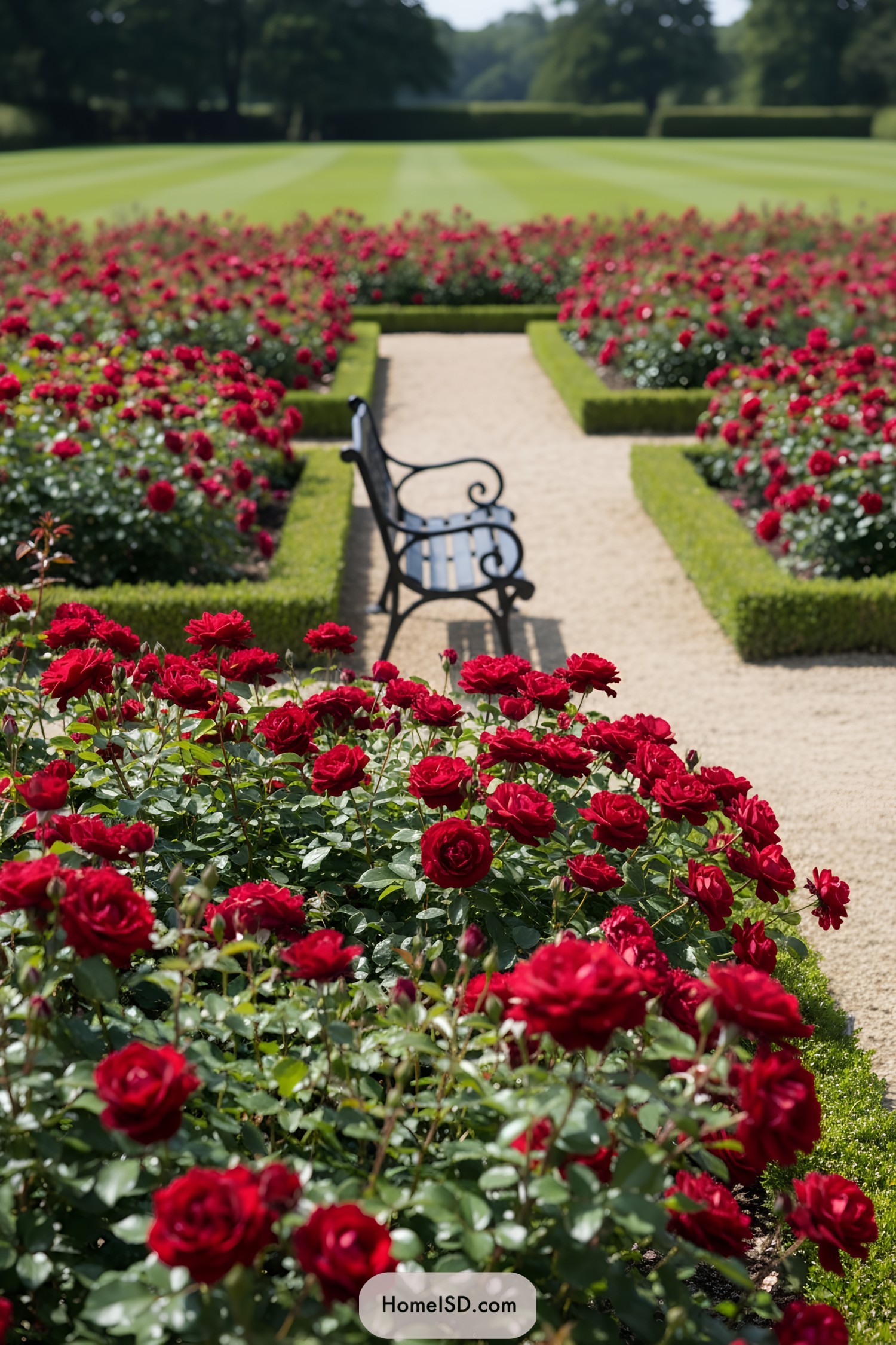 Black bench along gravel path between box-edged red rose beds