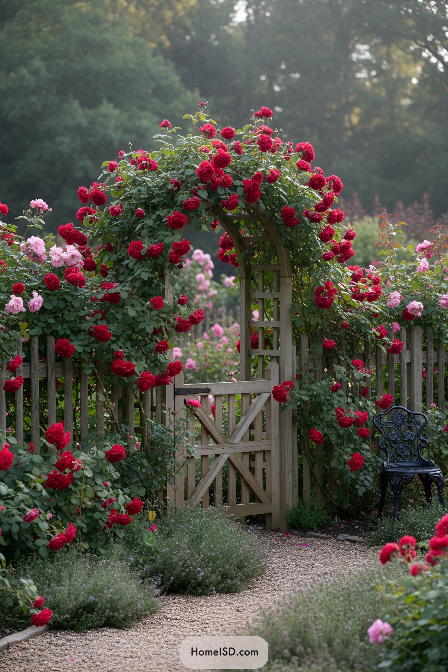 Wooden gate under rose-covered arbor