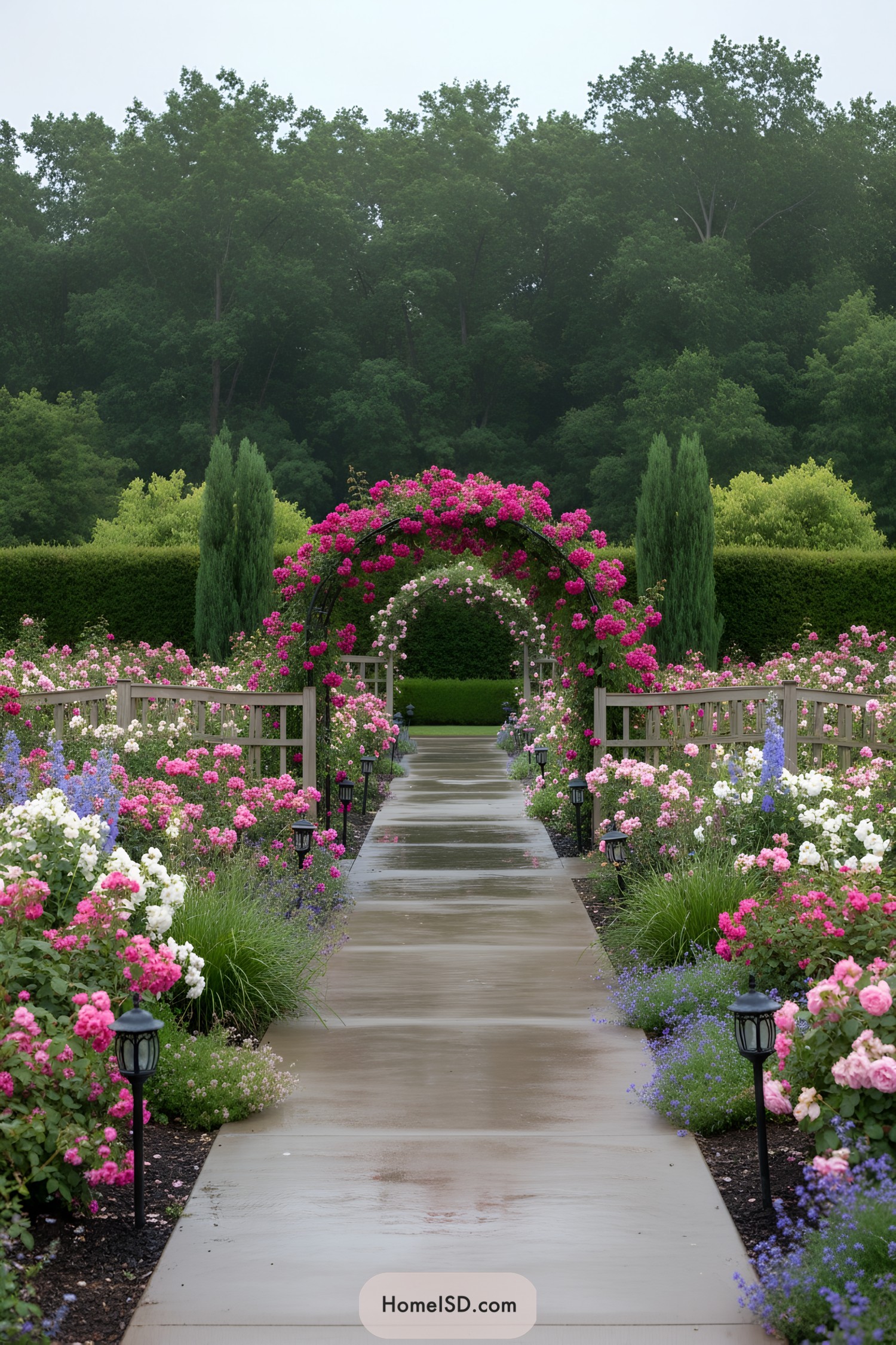 Wet path lined with roses and vine-covered arches