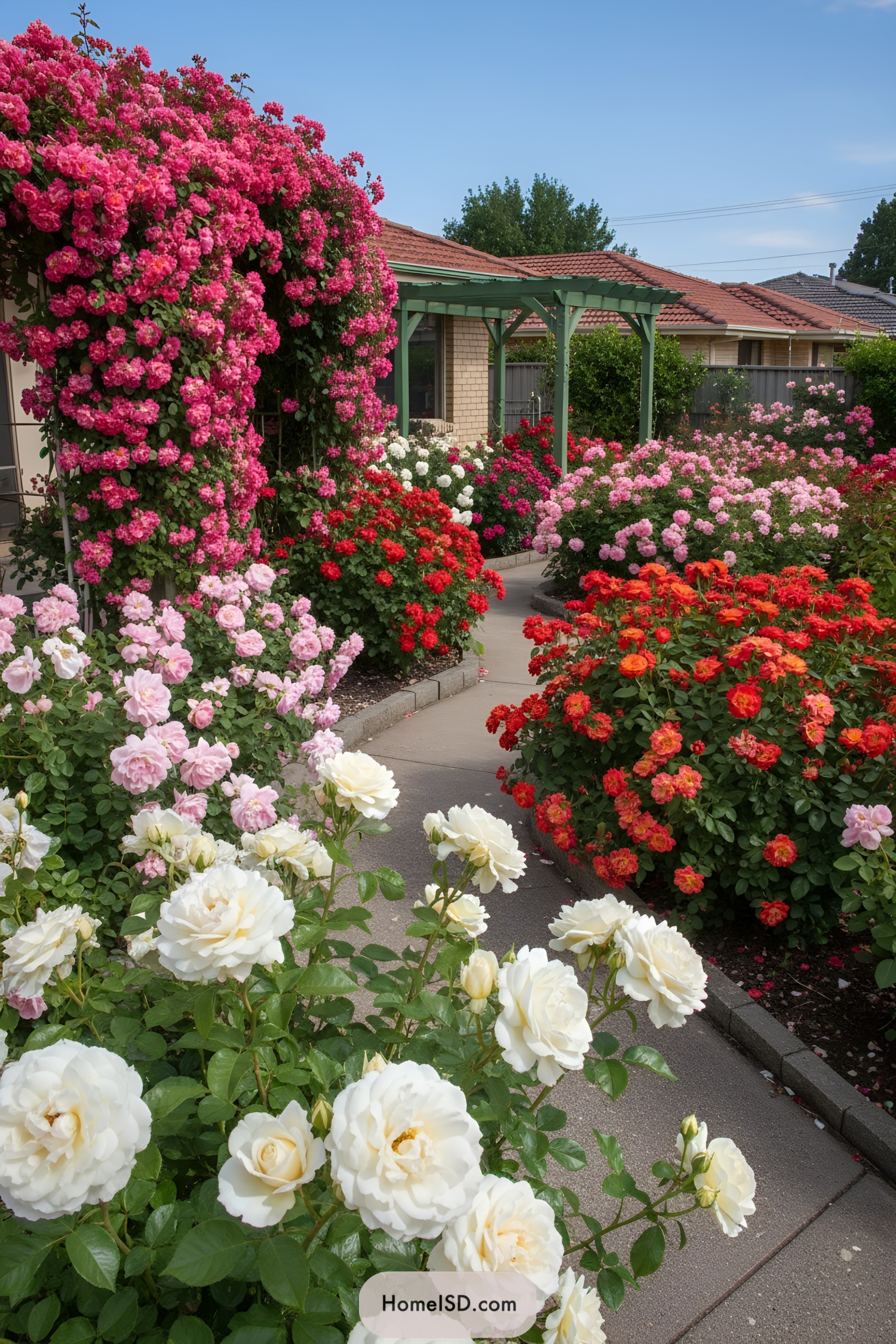 Curved path lined with colorful rose bushes and a rose-draped arbor