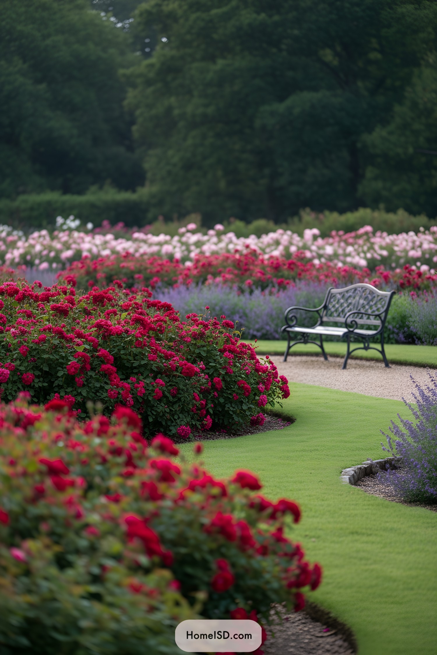 Curving path with bench amid red and pink roses