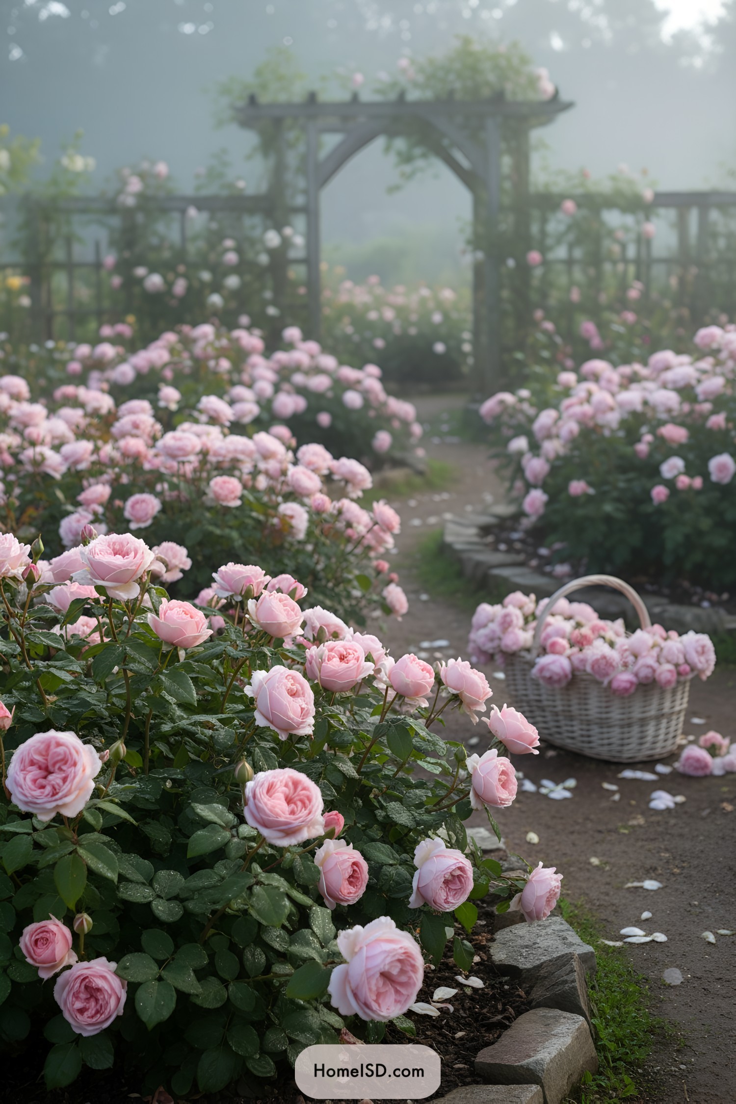 Pink rose beds, stone-edged path, foggy trellis