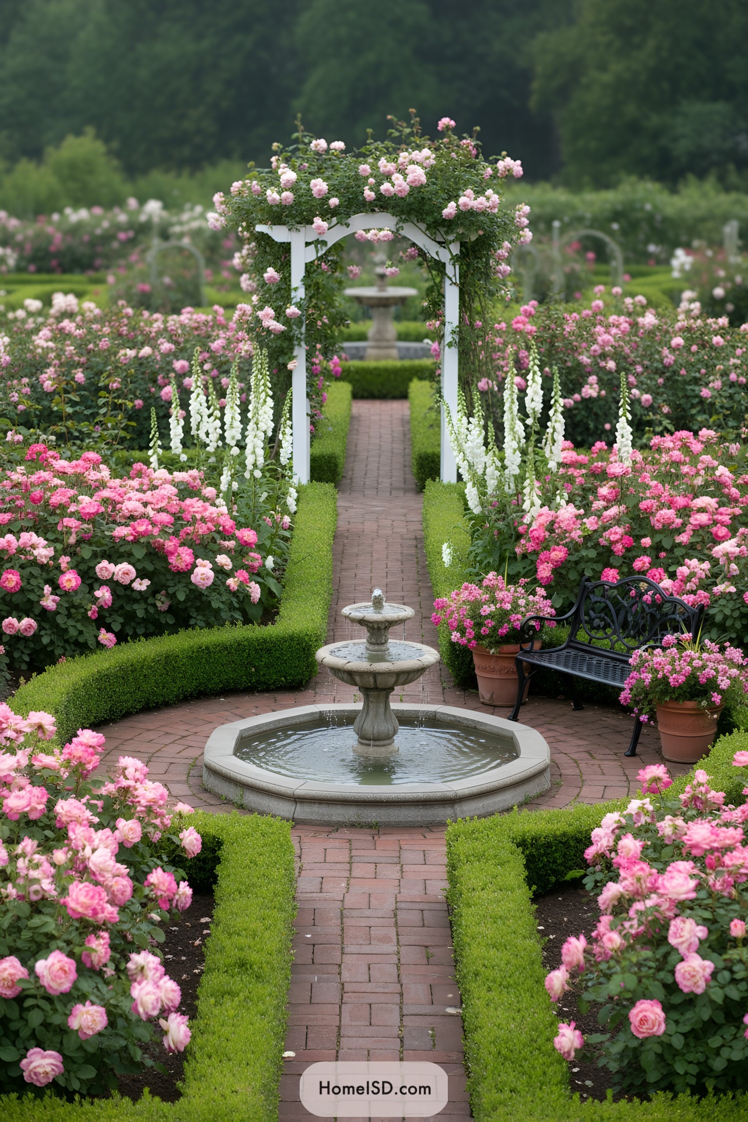 White arbor, central tiered fountain, brick paths, boxwood edging, and pink roses with a bench