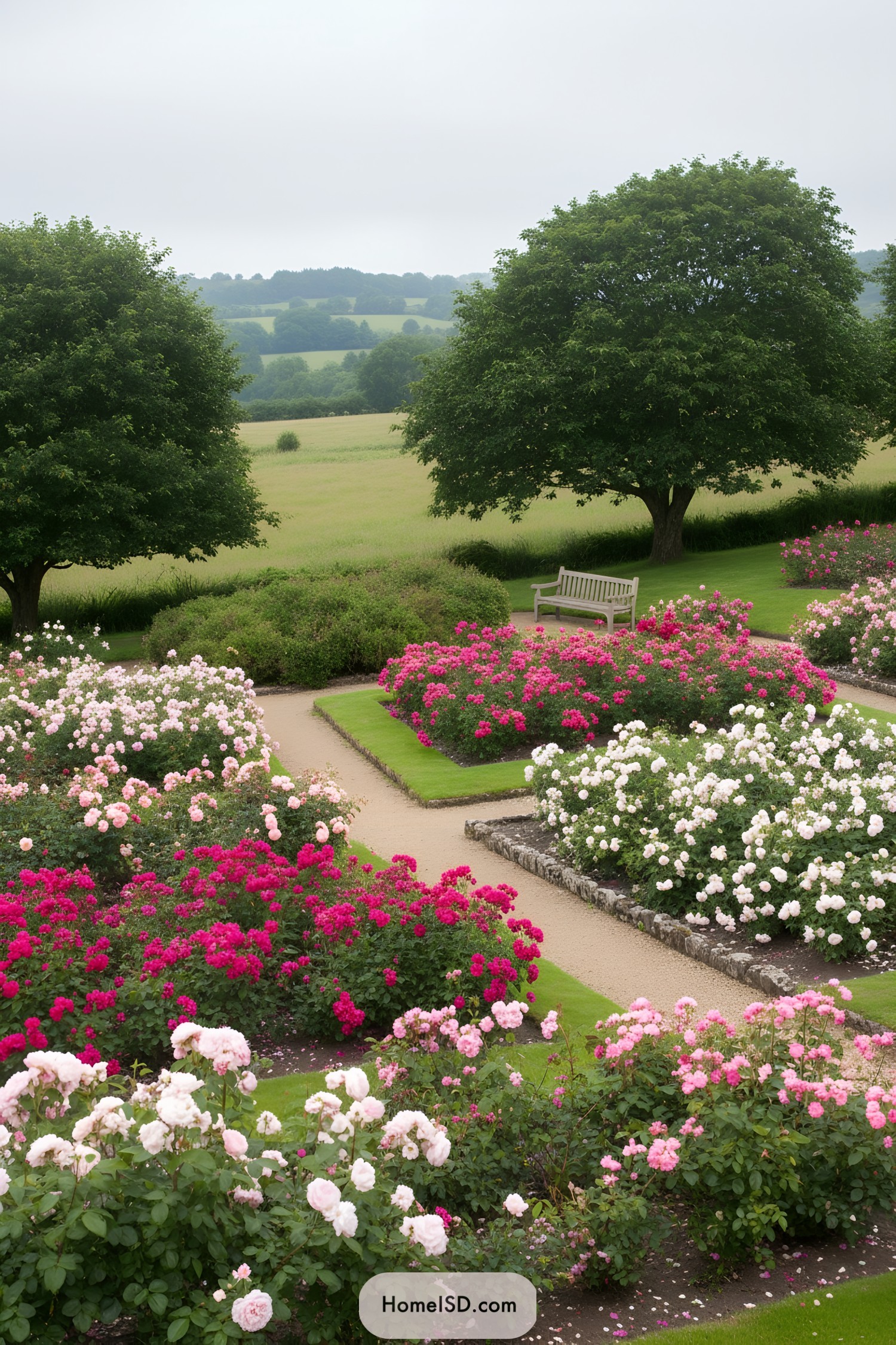 Formal rose beds with gravel paths and benches in a countryside setting