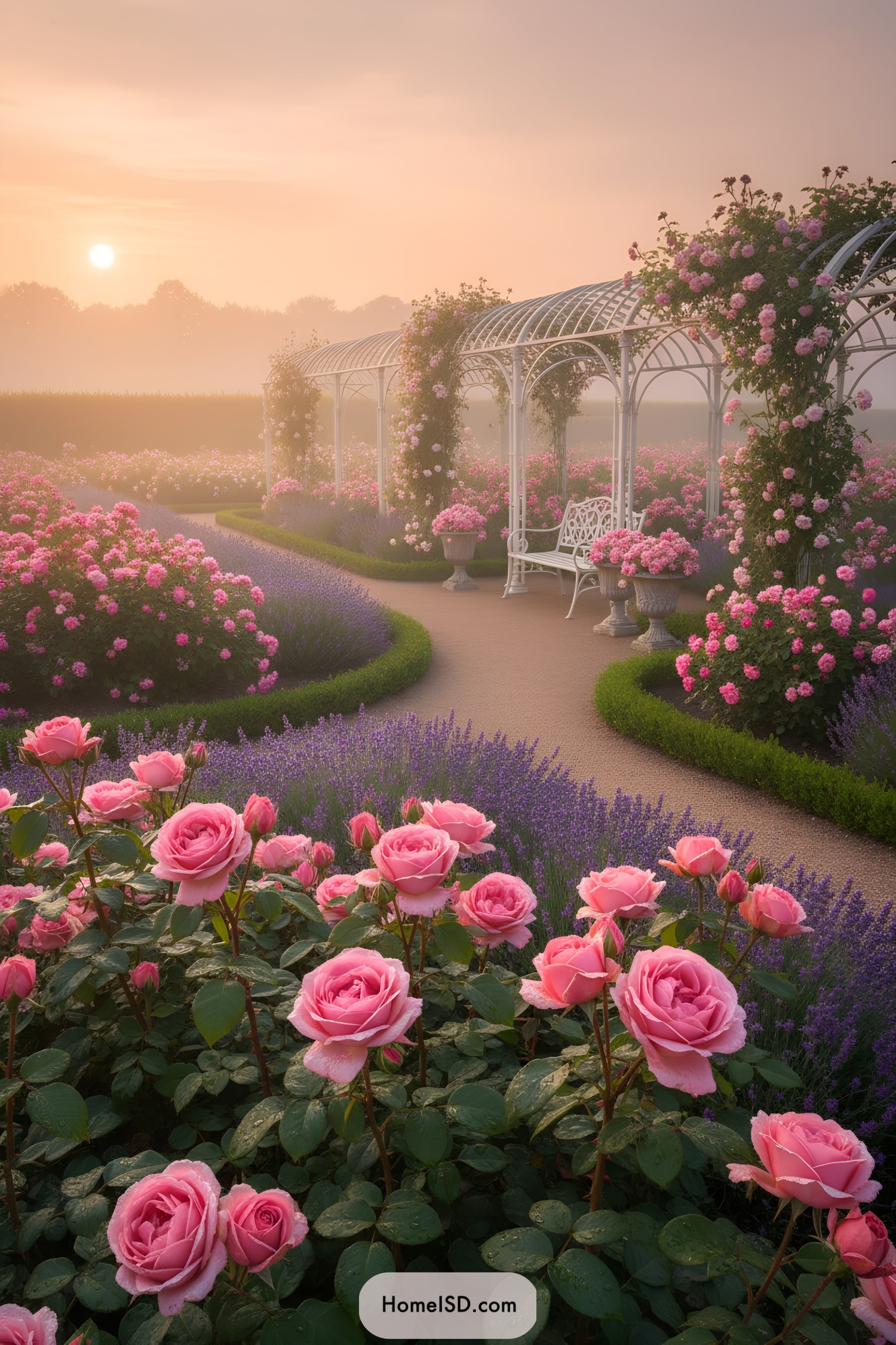 White pergola with pink climbing roses at sunset
