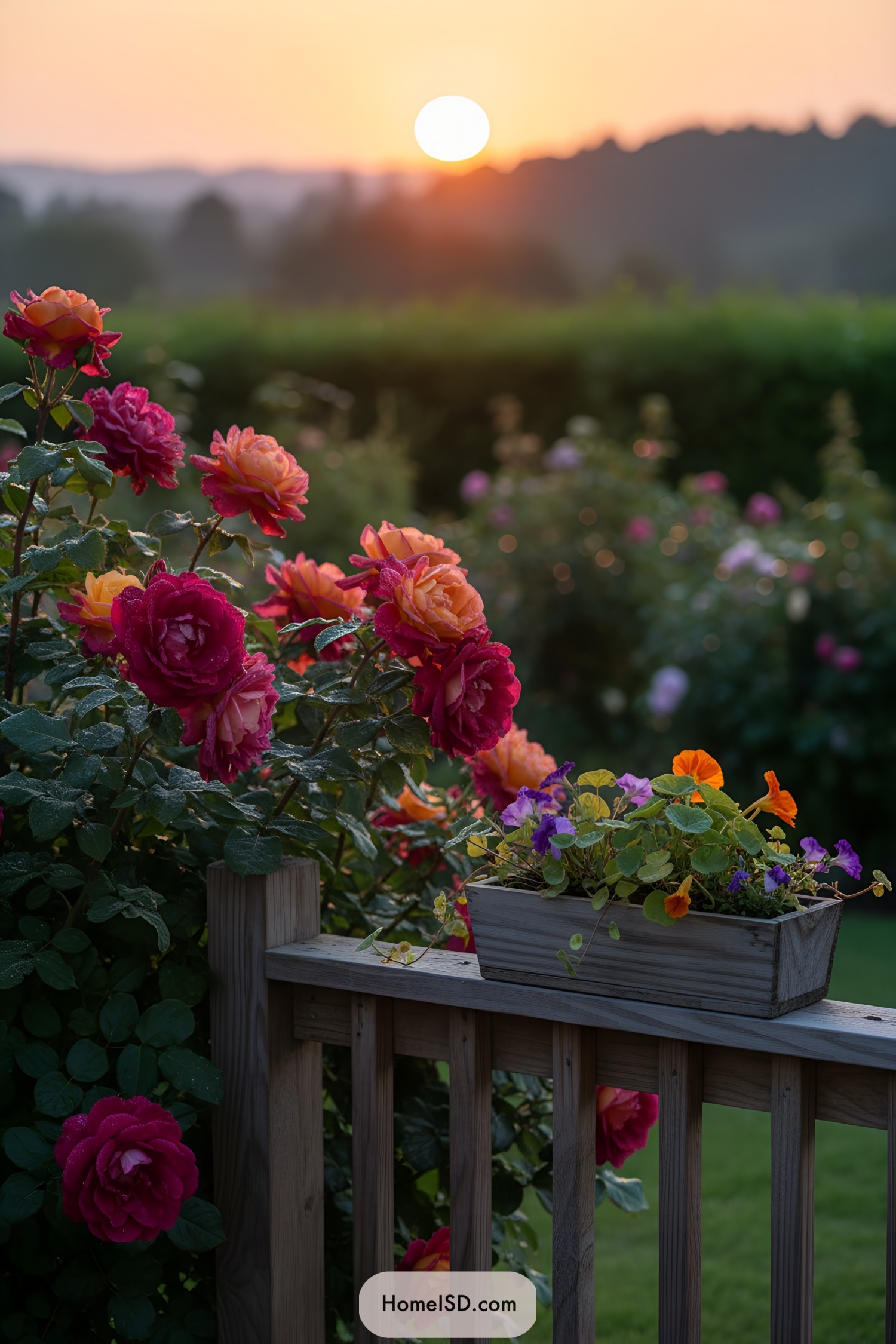Sunset-lit roses and planter on wooden fence