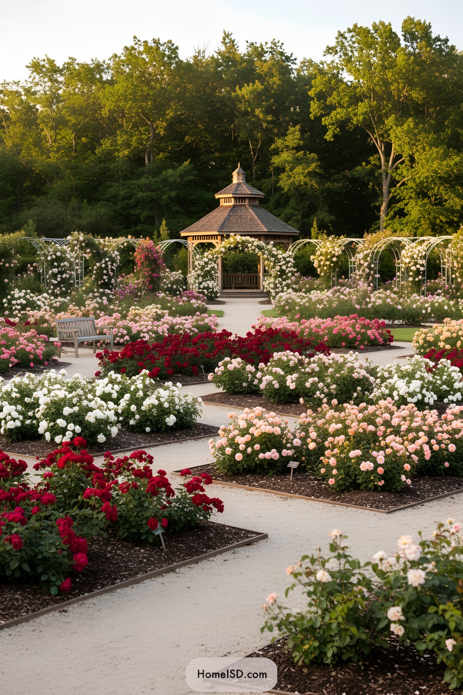 Rose garden with gazebo, arched trellises, and colorful rose beds