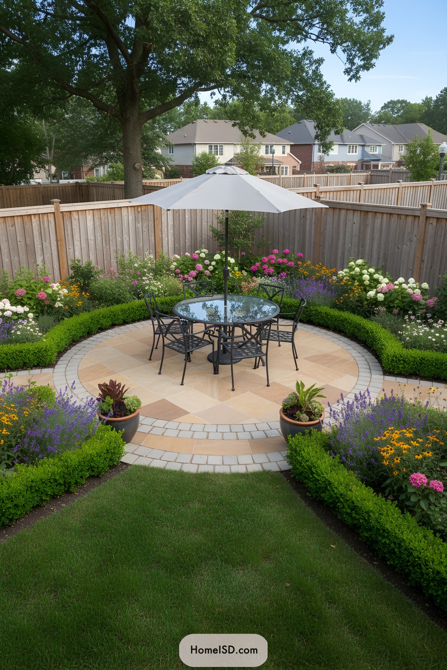 Round patio with umbrella and flowers