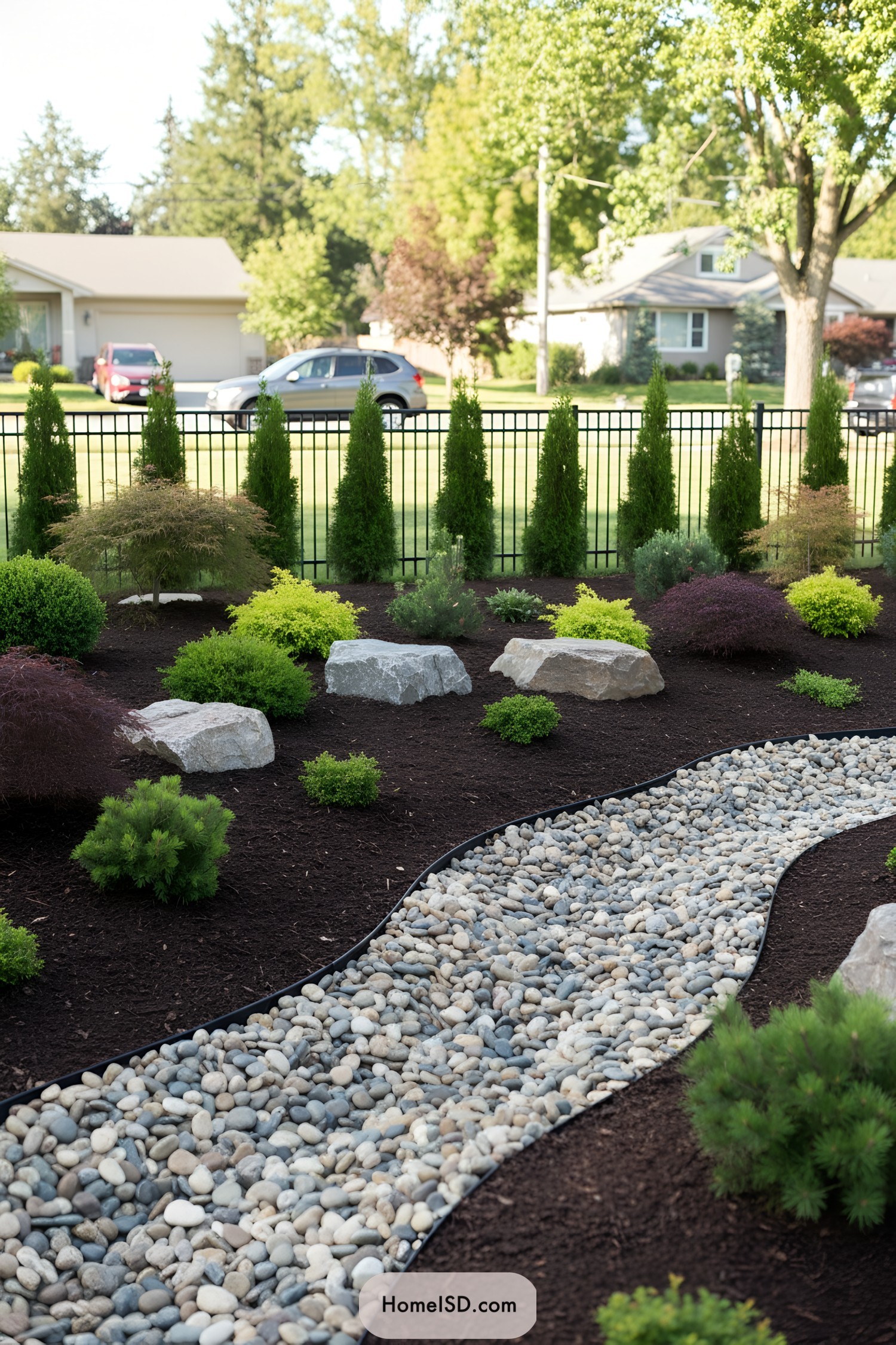 Curving pebble river through mulched garden