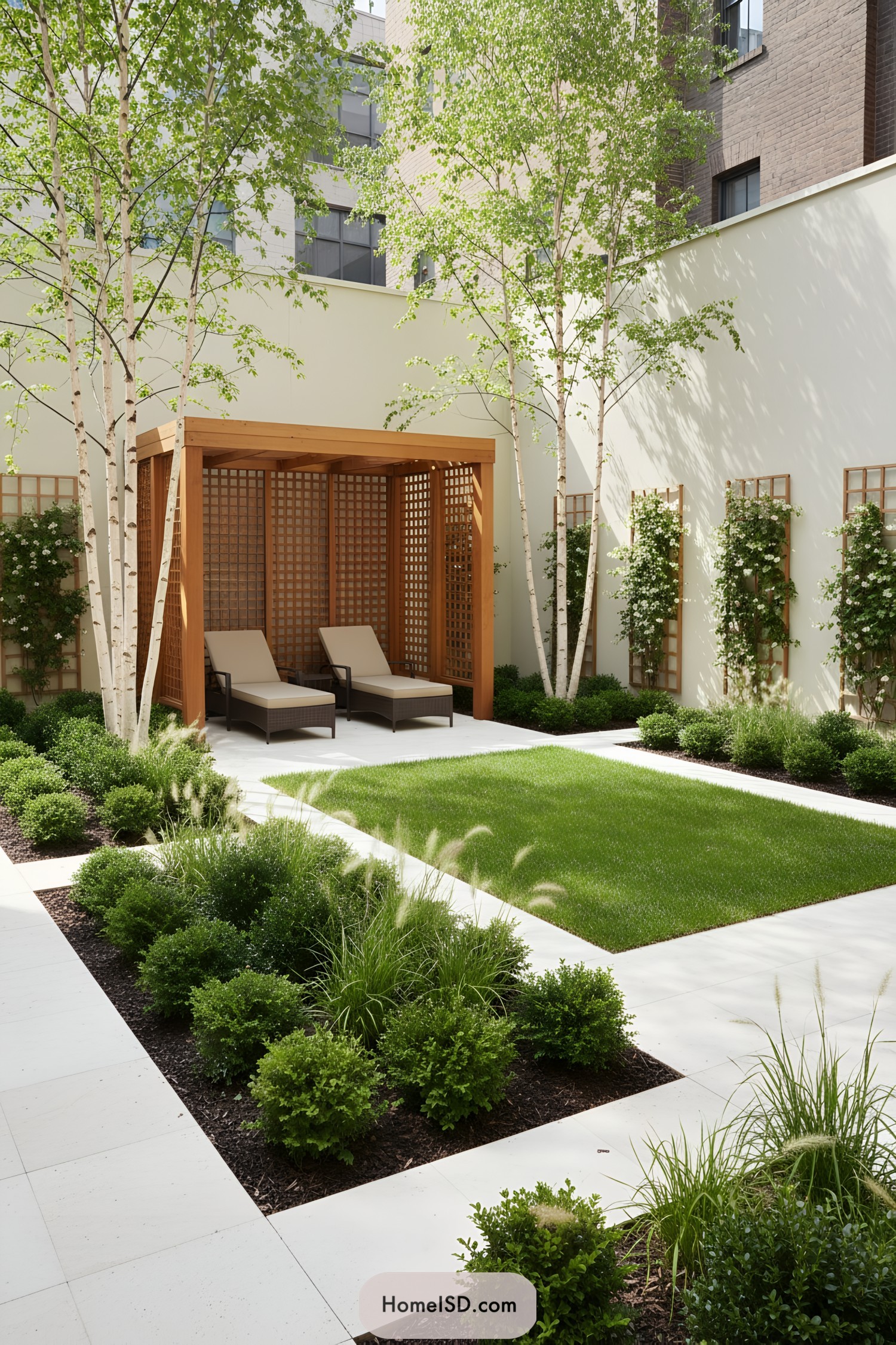 Modern courtyard with wood cabana, birch trees, and boxwood borders