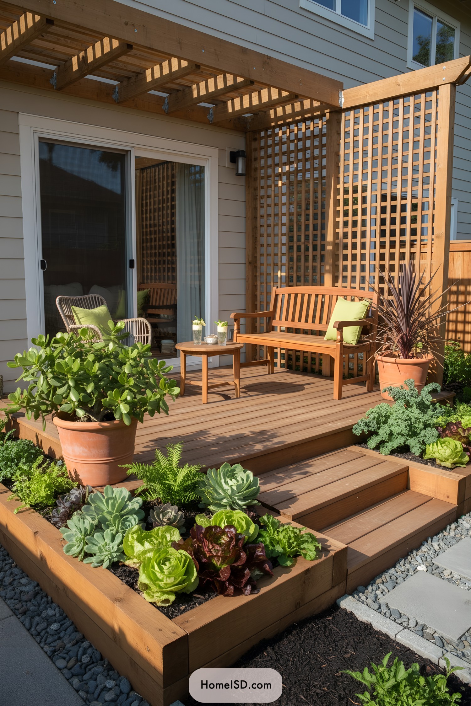 Small cedar deck with lattice screen, bench seating, and potted plants beside raised beds of succulents and greens