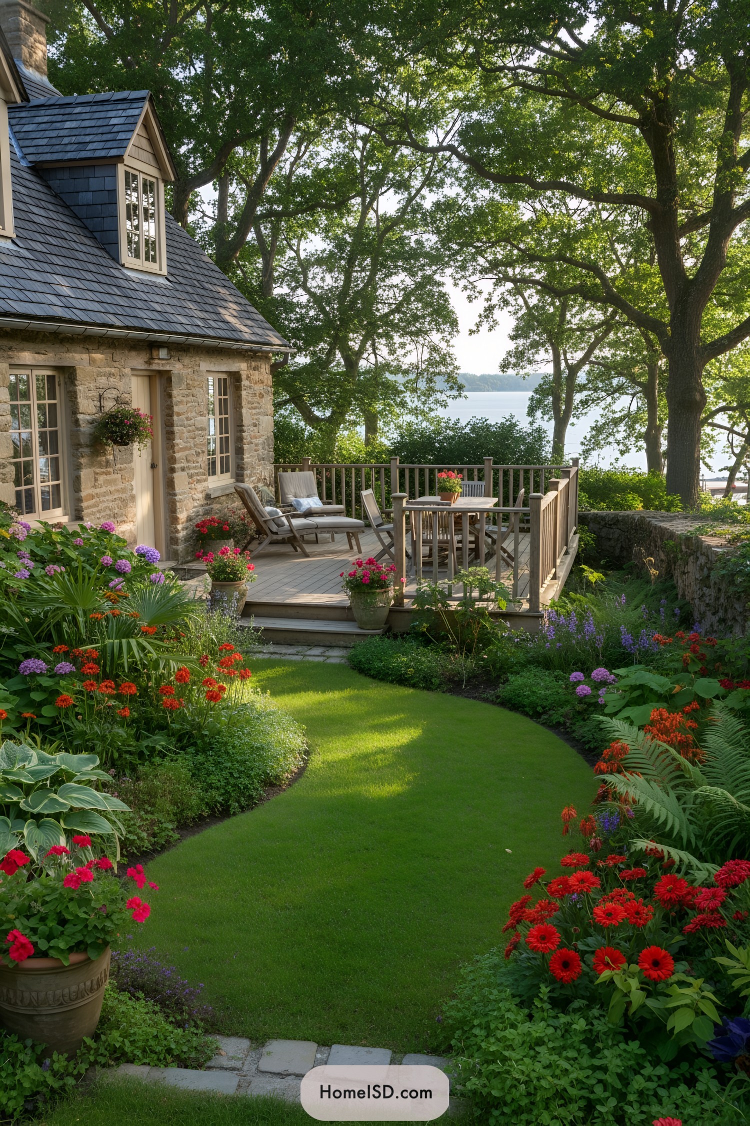 Stone cottage deck overlooking lush lawn and colorful flower borders by the water
