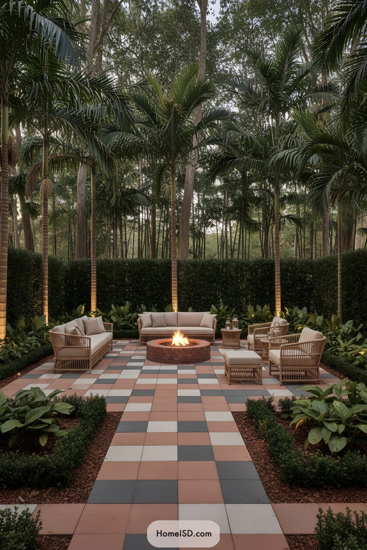 Rattan seating around brick fire pit