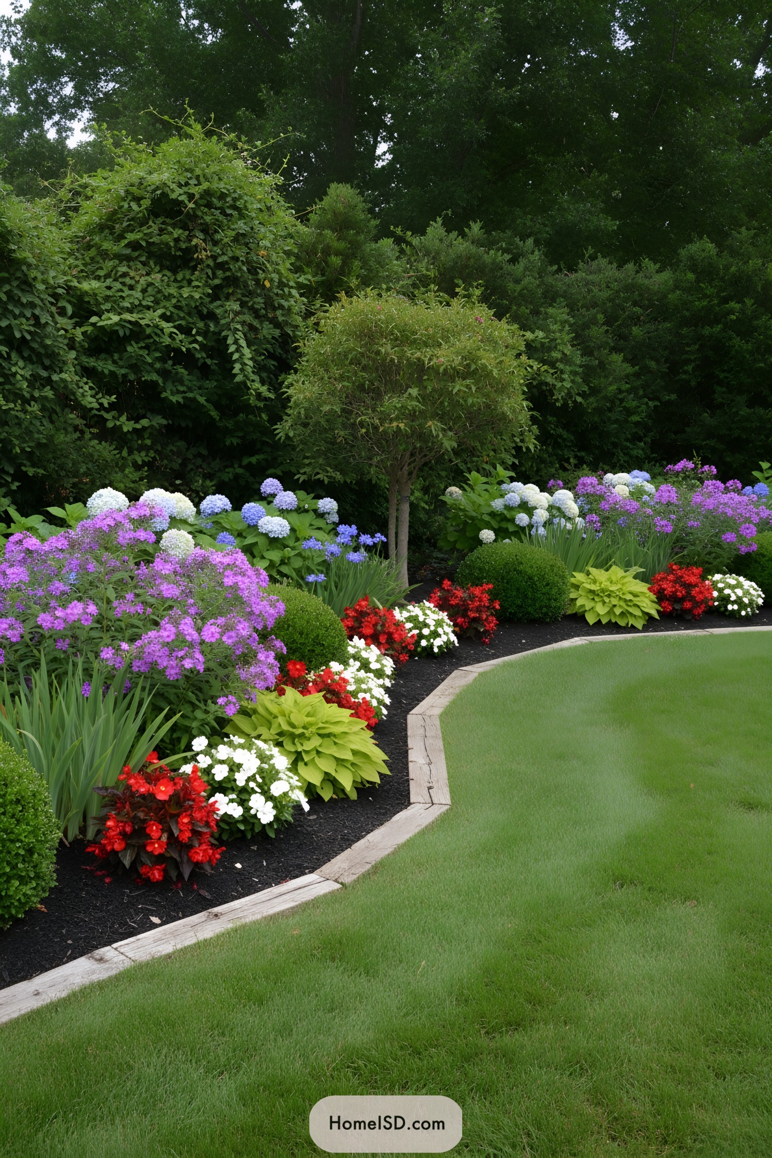 Curved flower bed with bright blooms and edging
