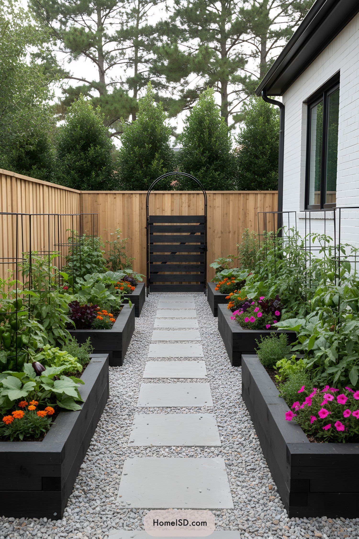 Narrow garden with black raised beds and stepping-stone path
