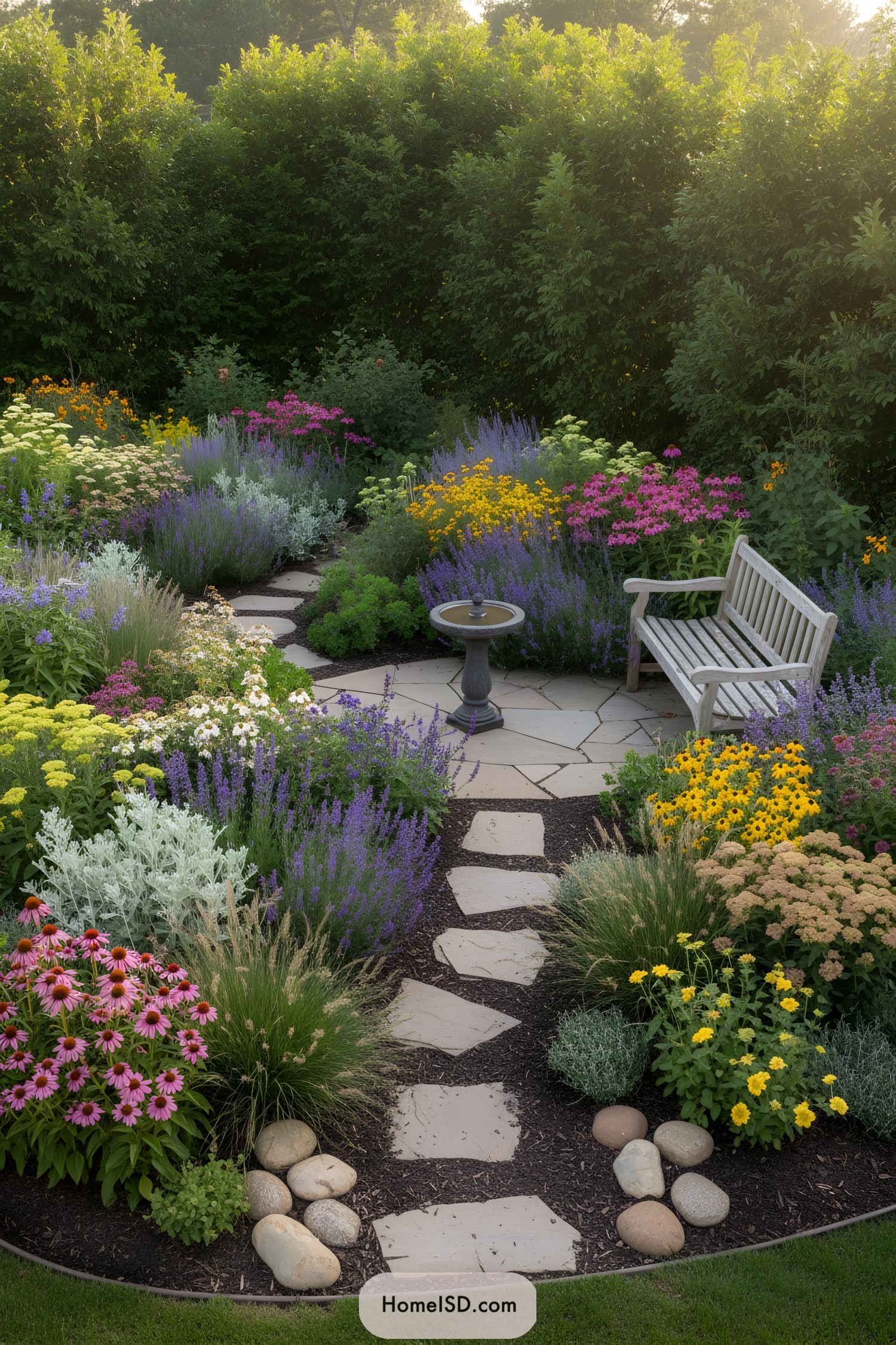 Stone path through colorful cottage garden with bench and birdbath