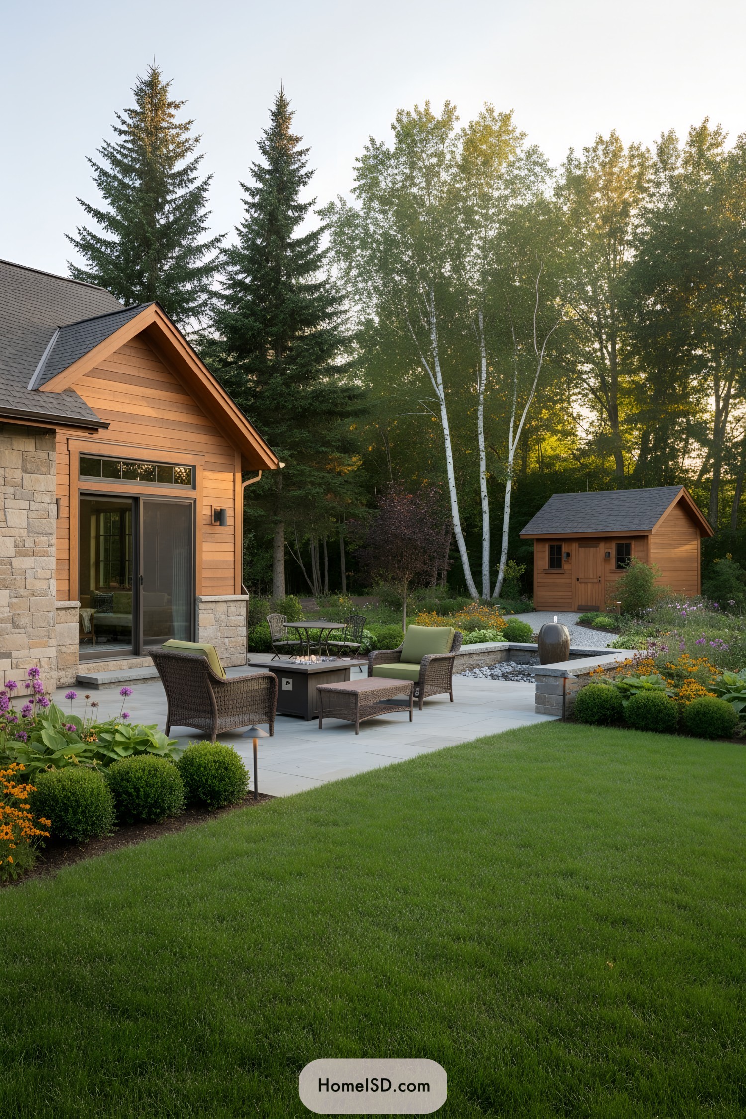 Cozy patio with wicker seating, fire table, and manicured lawn beside a cedar-clad home