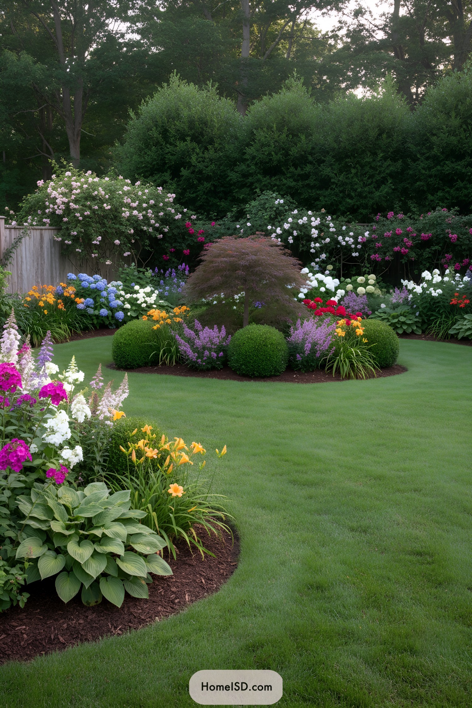 Curved garden beds with colorful blooms around manicured lawn