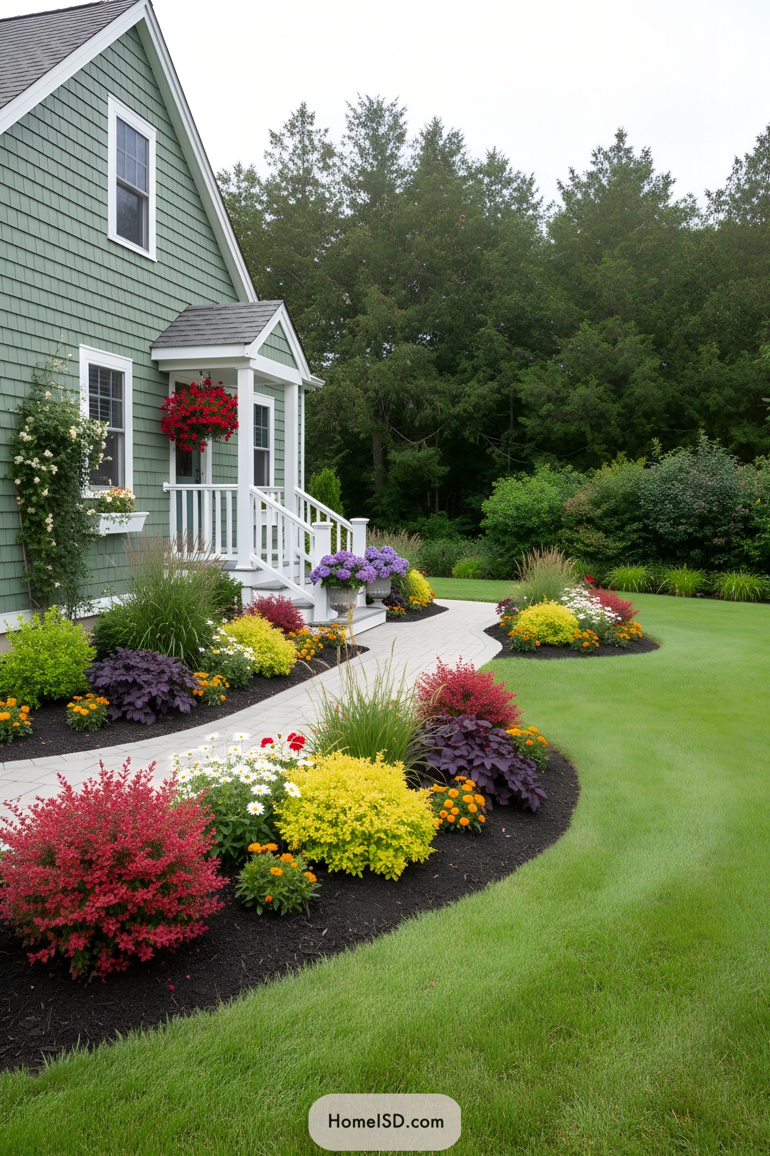 Colorful cottage border along a curving walkway