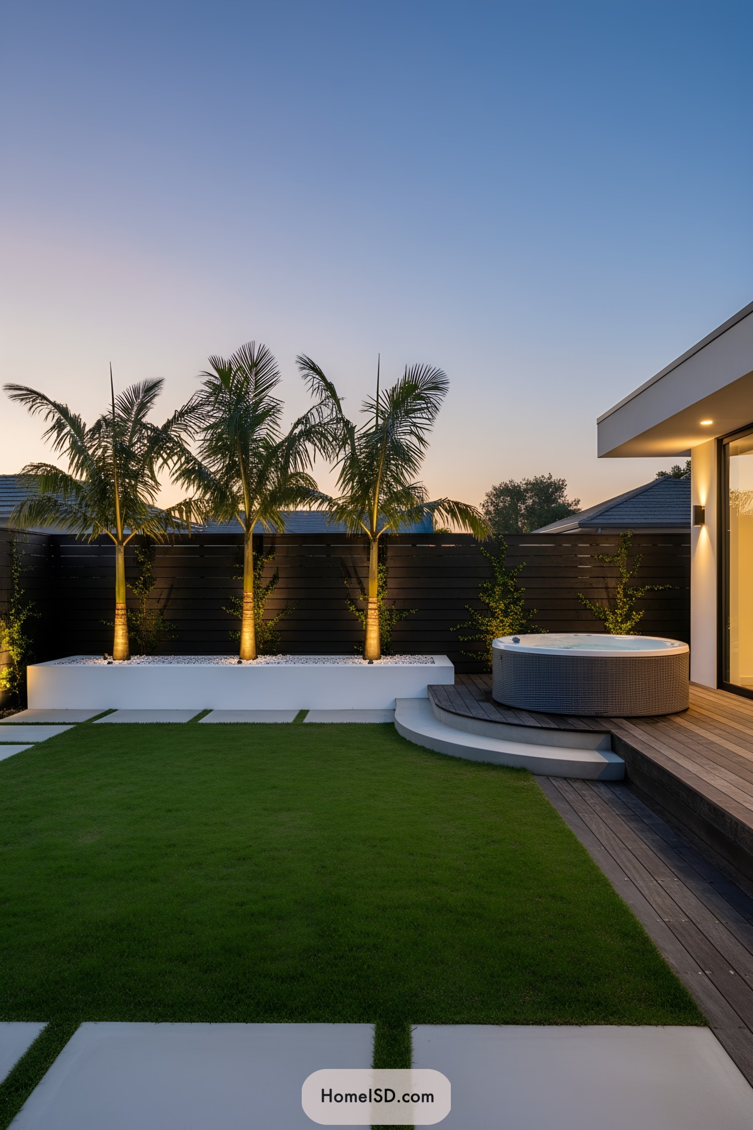 Modern backyard with lit palms and hot tub