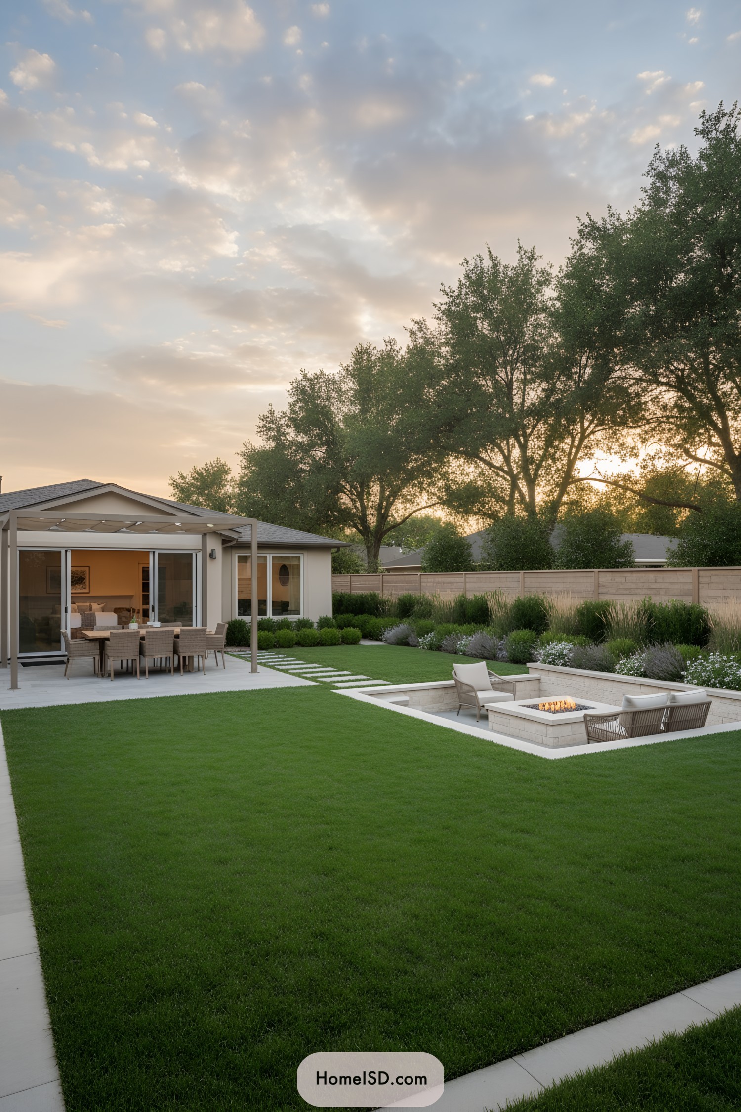 Backyard with pergola, lawn, and sunken fire pit