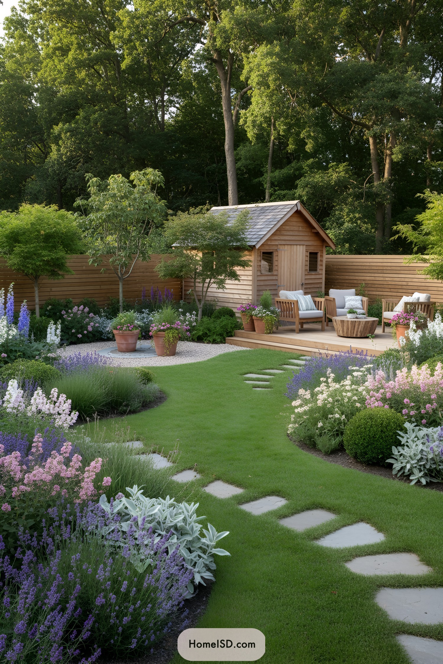 Curved lawn with stepping stones to a cozy wood deck and shed, bordered by colorful perennials