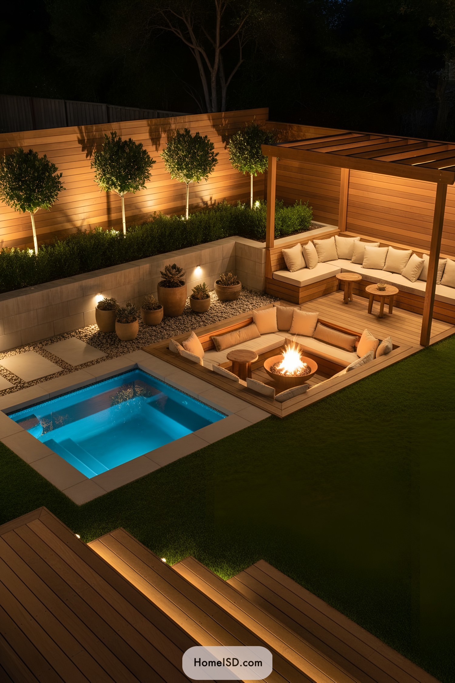 Cozy sunken fire pit beside lit plunge pool