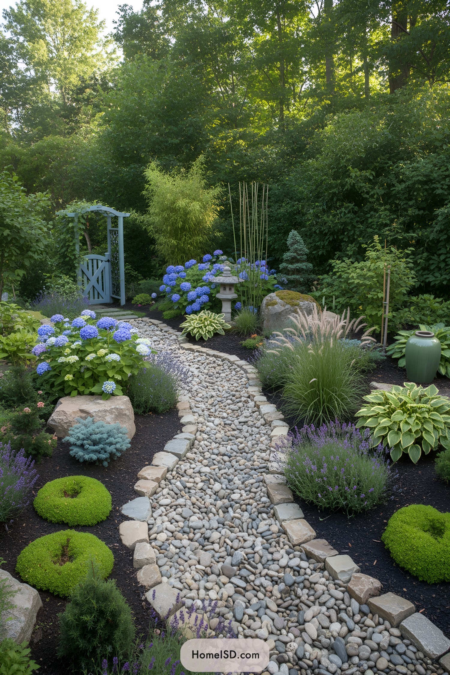Curving pebble walkway with hydrangeas and evergreens