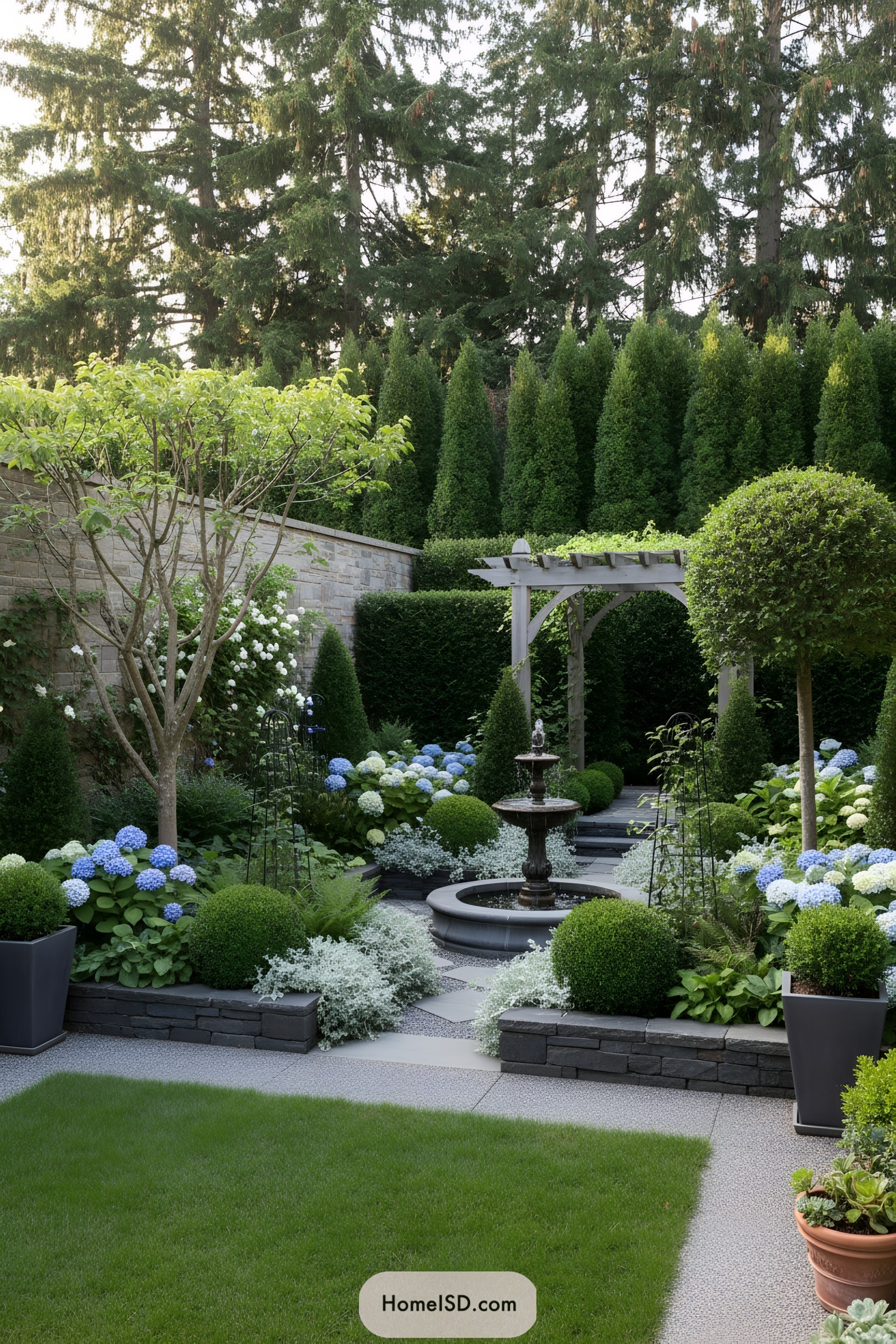 Compact courtyard with central tiered fountain, gray pergola, boxwood balls, and blue hydrangea borders