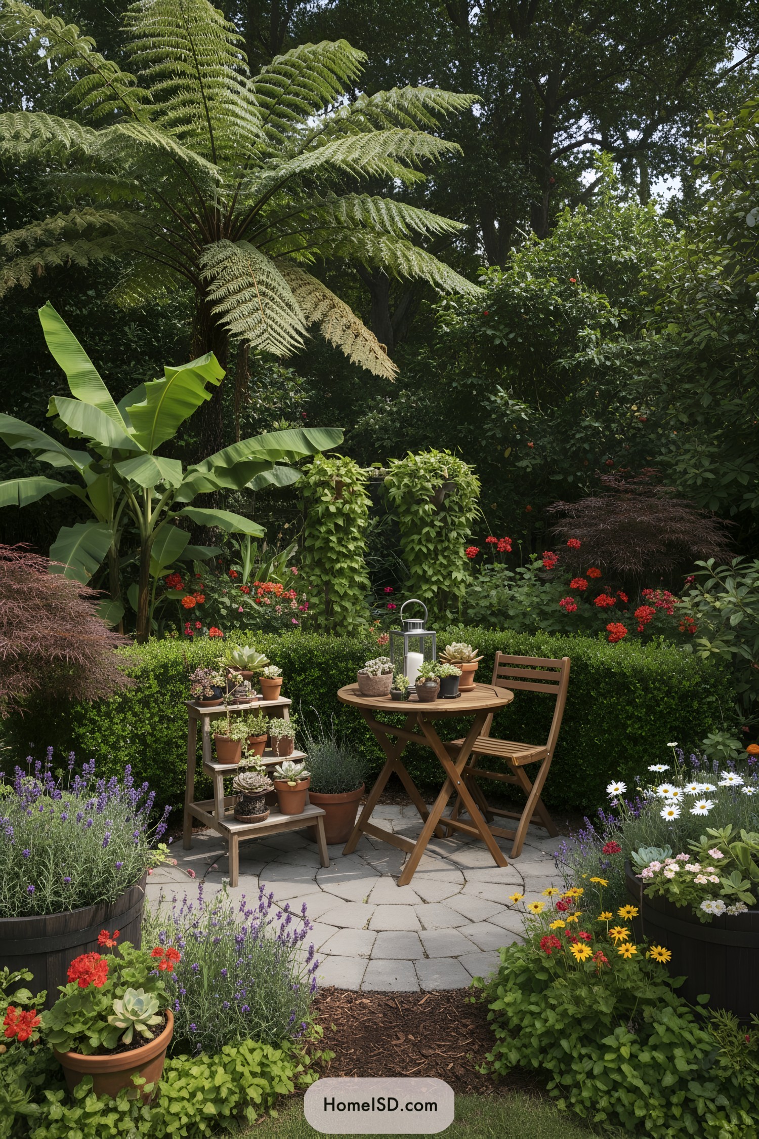 Small circular patio with wooden bistro set amid lush tropical and flowering plants