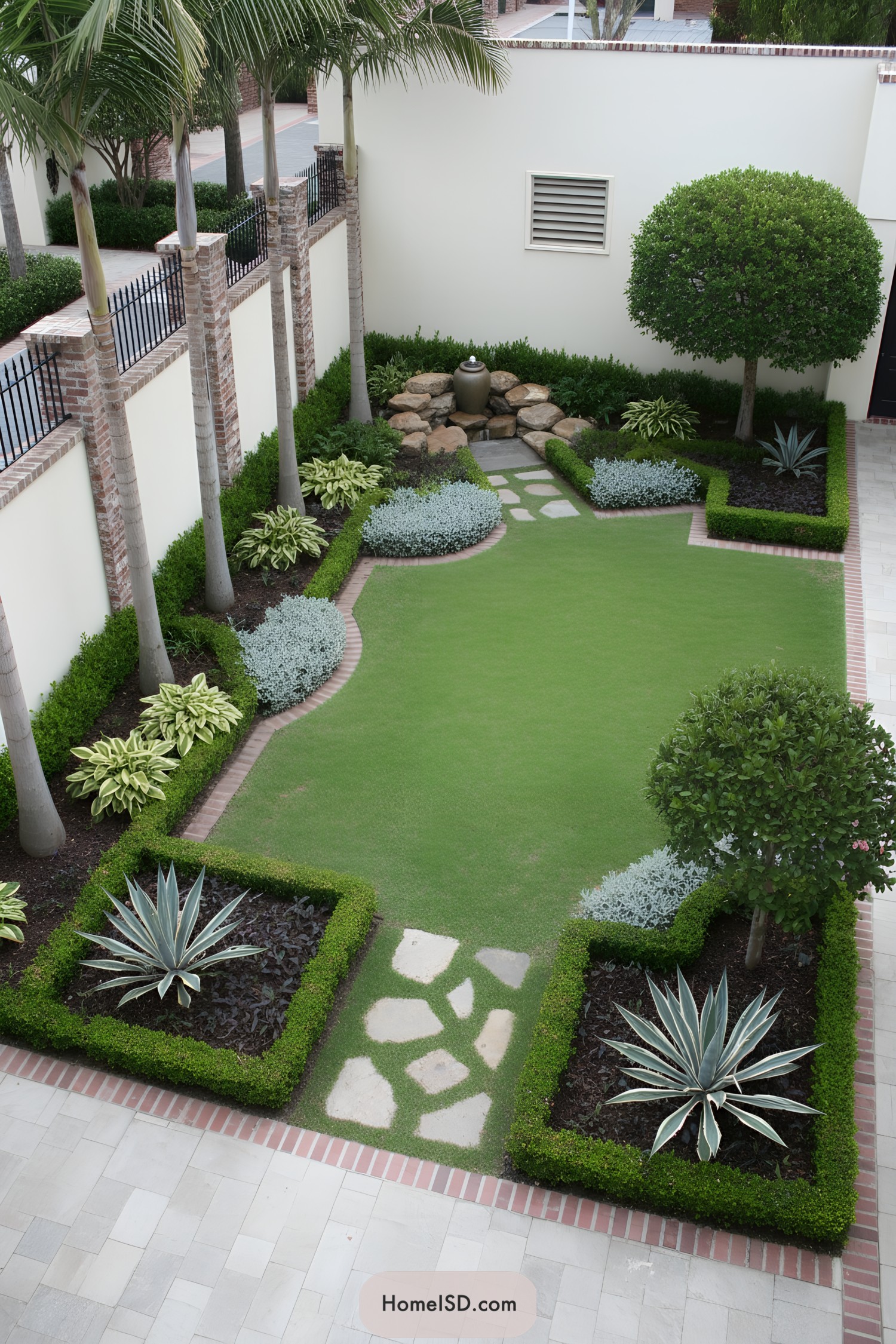 Formal lawn framed by boxwood hedges, agaves, and palms