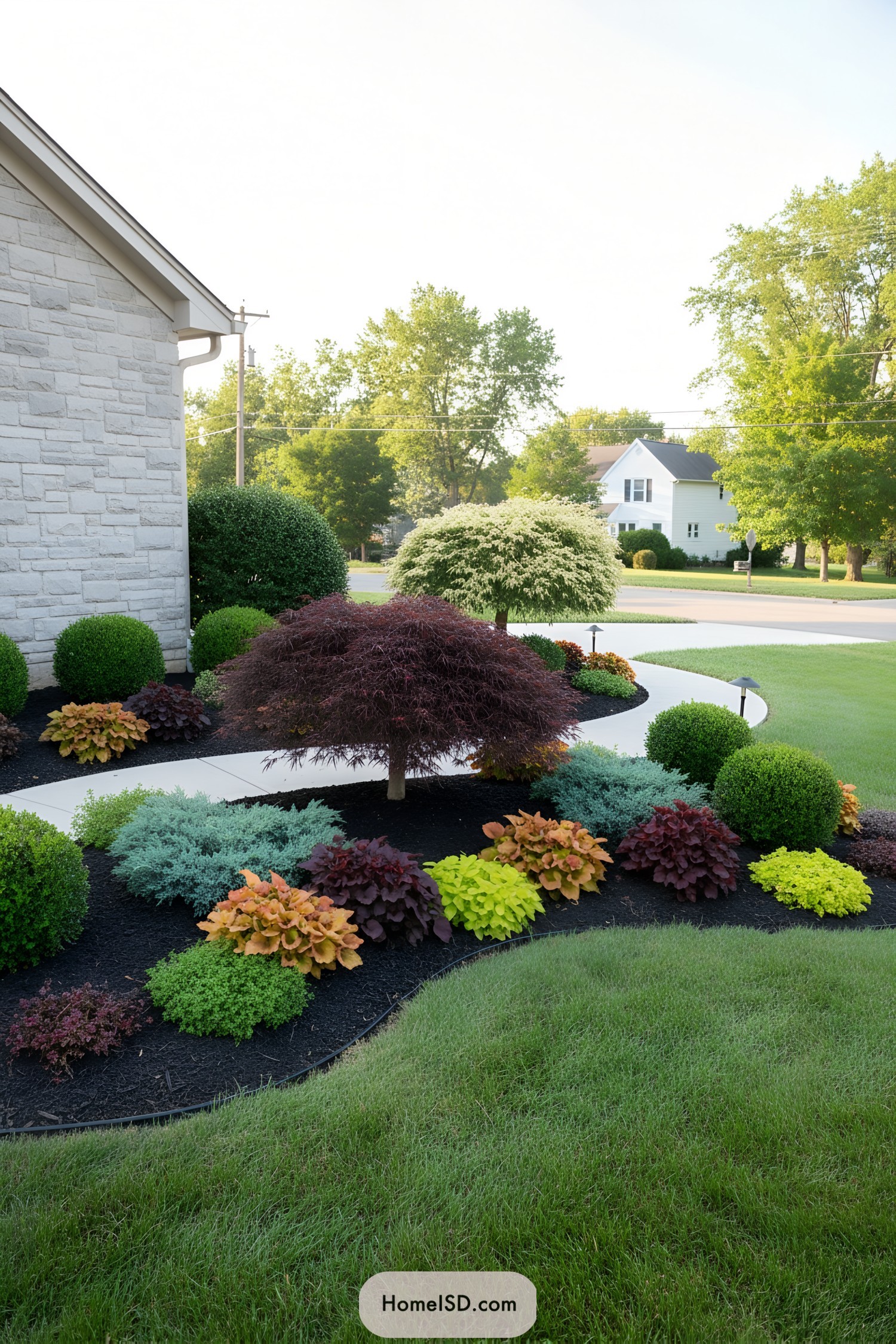 Curved front-yard bed with burgundy Japanese maple, boxwoods, and colorful shrubs on black mulch