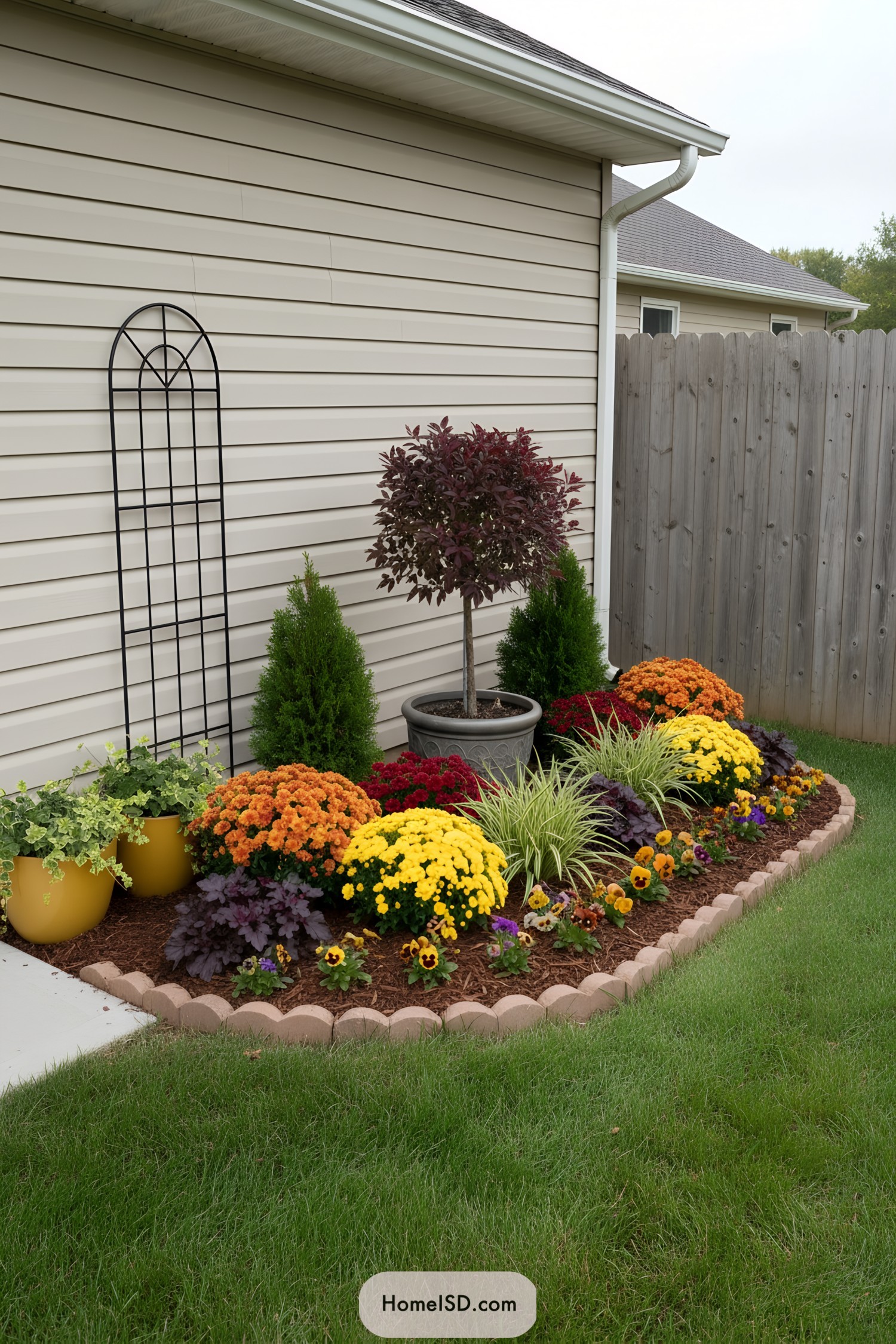 Curved bed of mums, evergreens, grasses, and a potted burgundy topiary by a fence