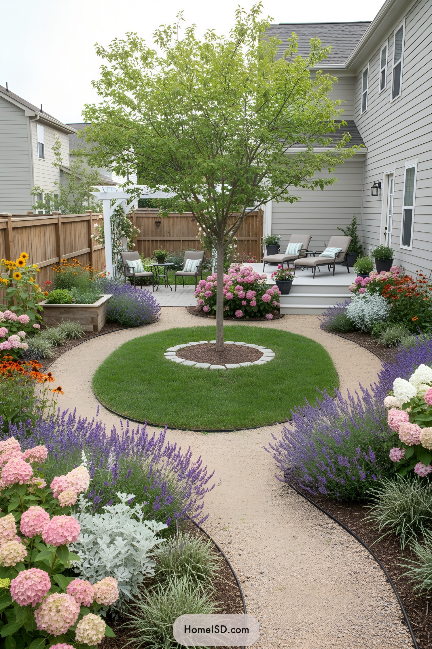 Curving gravel paths ring a central lawn tree with lavender and hydrangeas, leading to a patio and deck