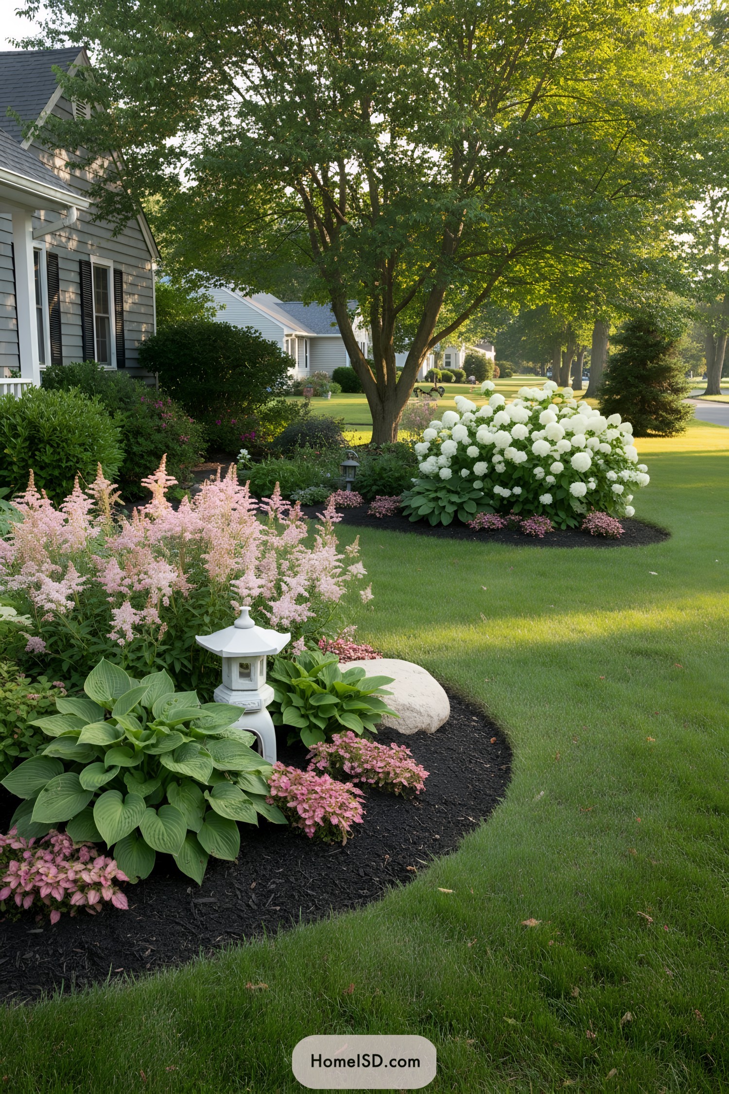 Curved mulch beds with hostas, pink astilbe, white hydrangeas, and a white garden lantern under a shade tree