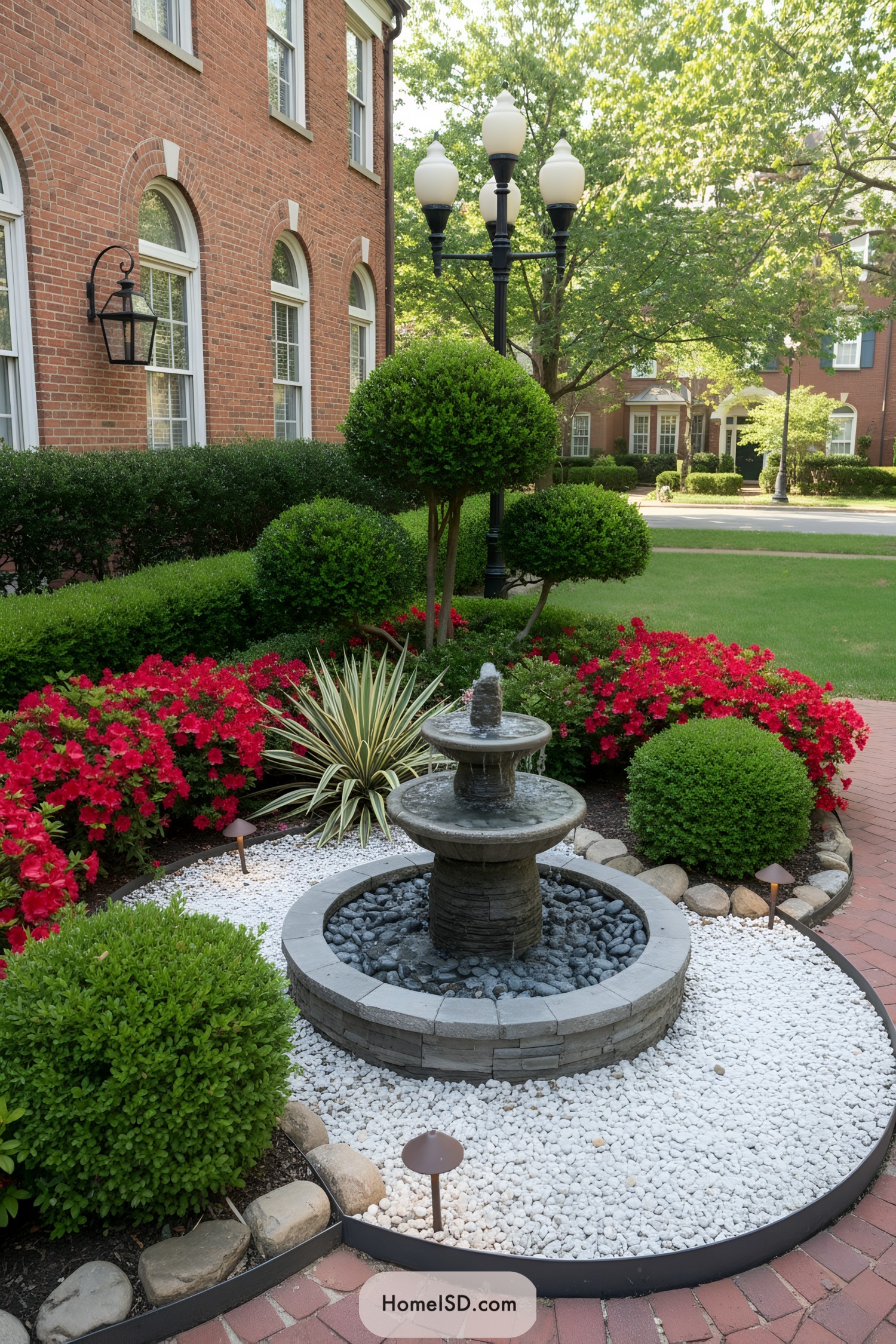 Small courtyard fountain encircled by white gravel, topiary, and red azaleas