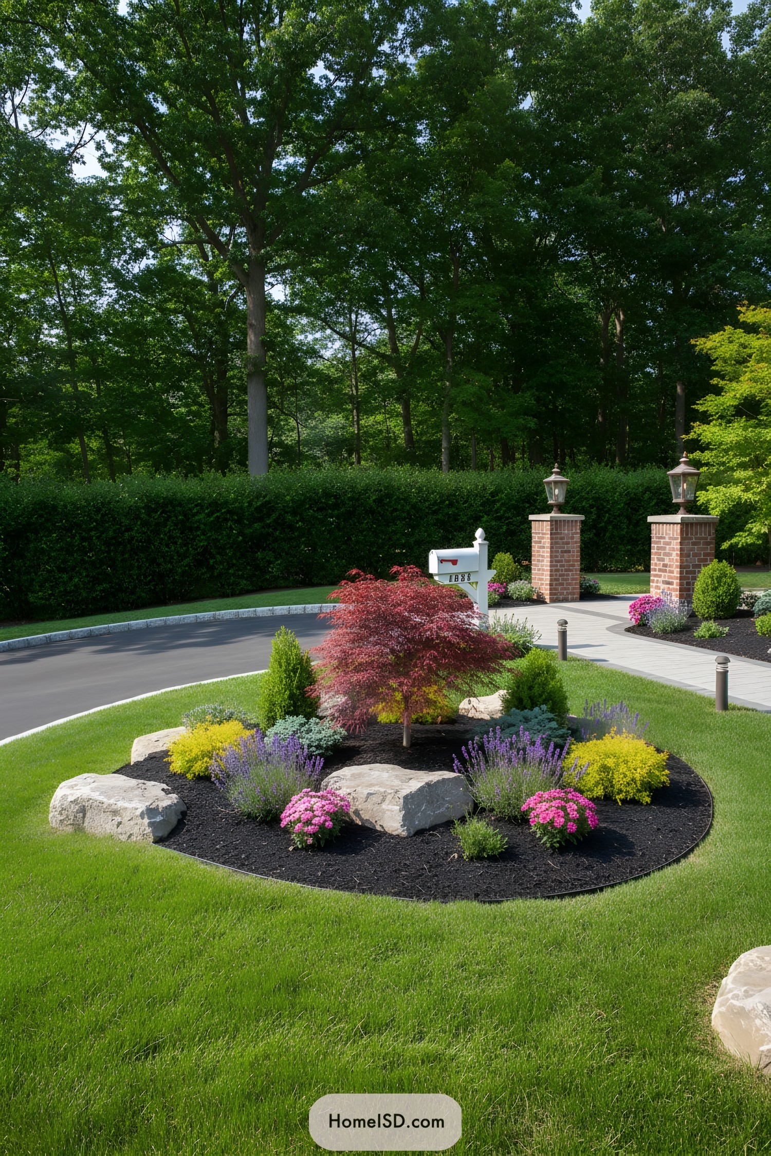 Circular mulched island with red Japanese maple, boulders, and colorful perennials by a driveway