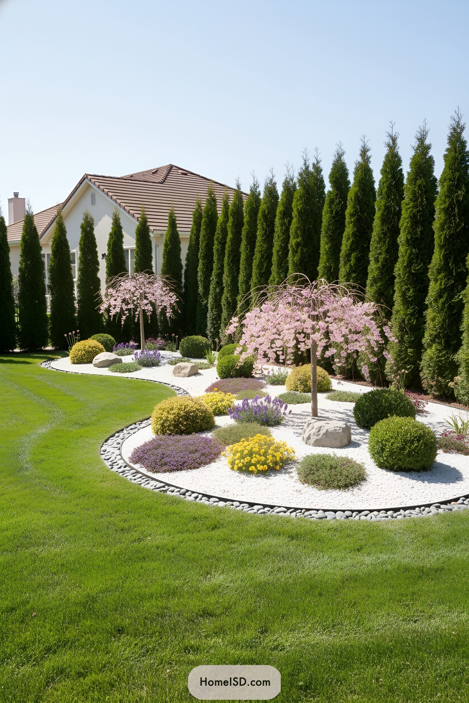 Curved white-gravel garden with weeping cherry trees, clipped mounds, rocks, and an arborvitae privacy wall