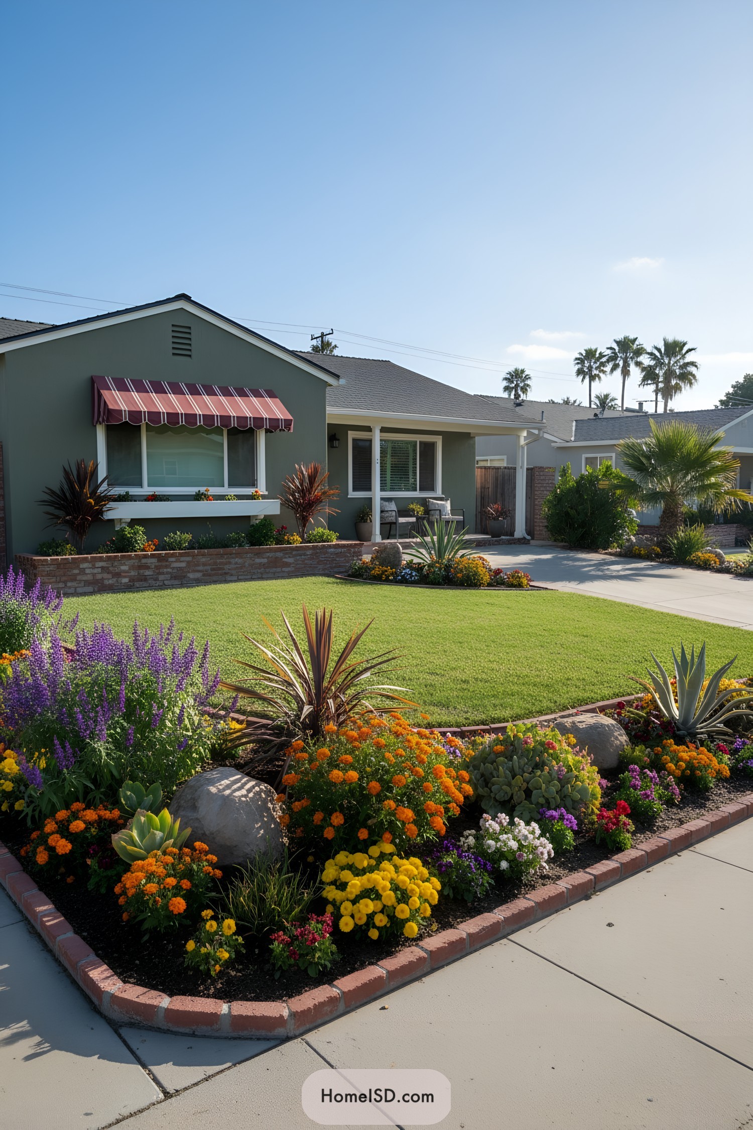 Colorful brick-edged front yard with agave, succulents, marigolds, and boulders framing a neat lawn and bungalow