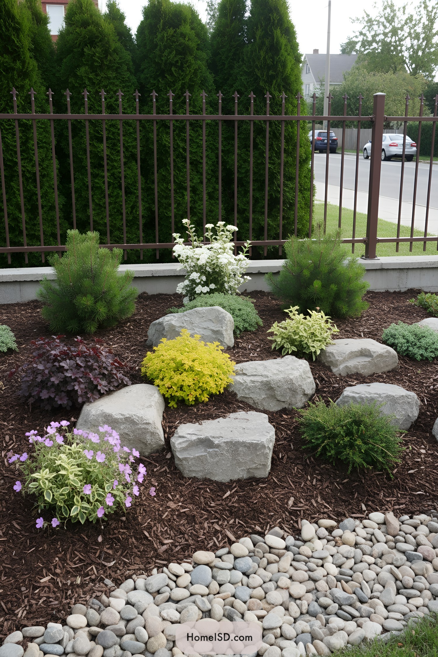 Mulched rock garden by iron fence with boulders, citrus spirea, dwarf conifers, and pebble dry creek