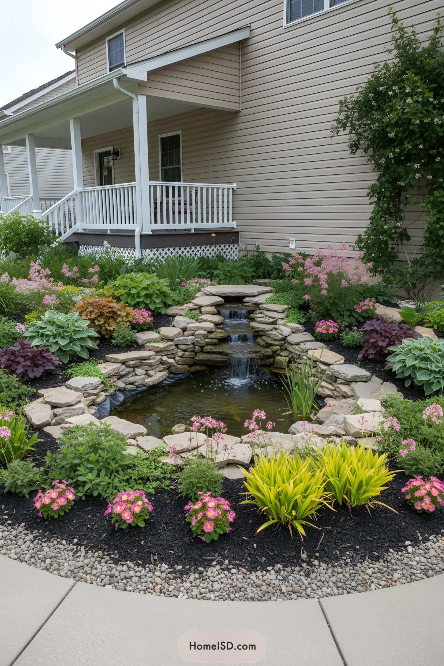 Front yard pond with stone waterfall, pink blooms, and curved path