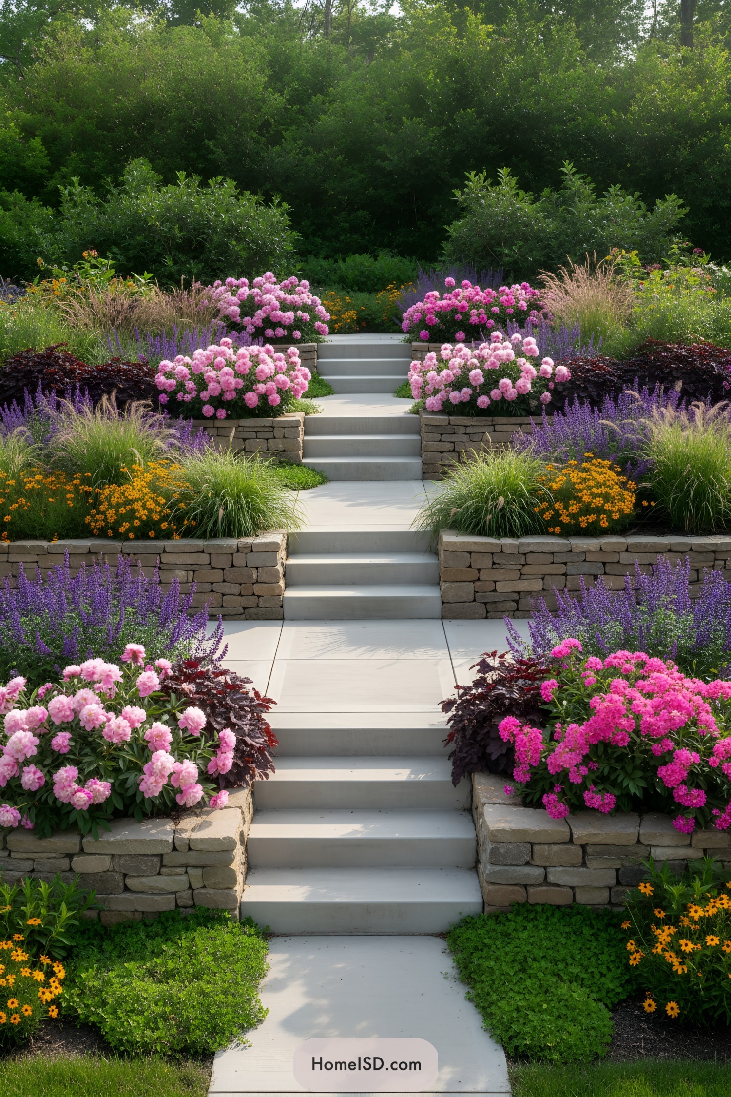Concrete stairway flanked by terraced stone beds filled with pink peonies, purple salvia, yellow coreopsis, and ornamental grasses