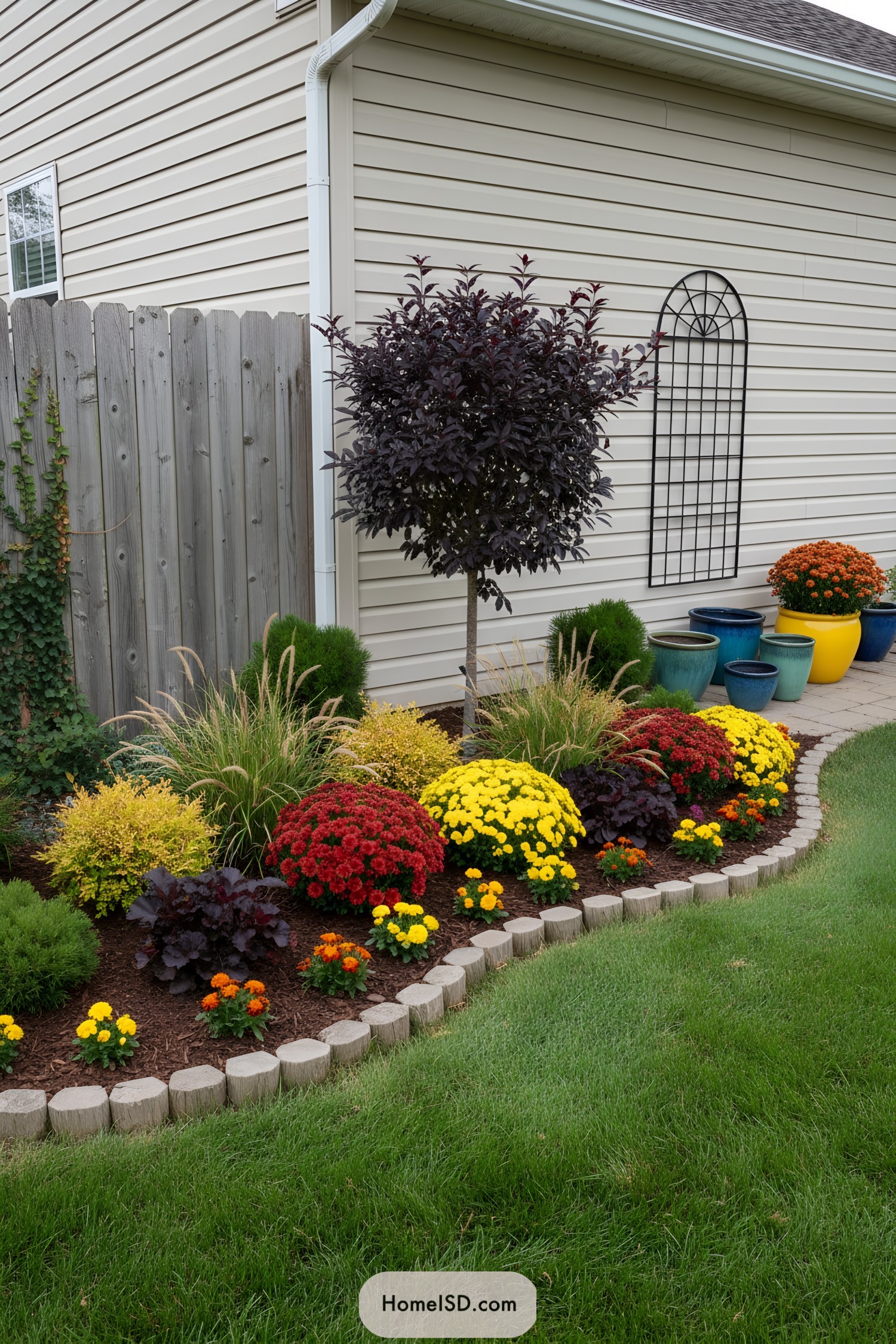Curved flower bed with red and yellow mums, grasses, evergreens, and a purple-leaf tree beside colorful patio pots