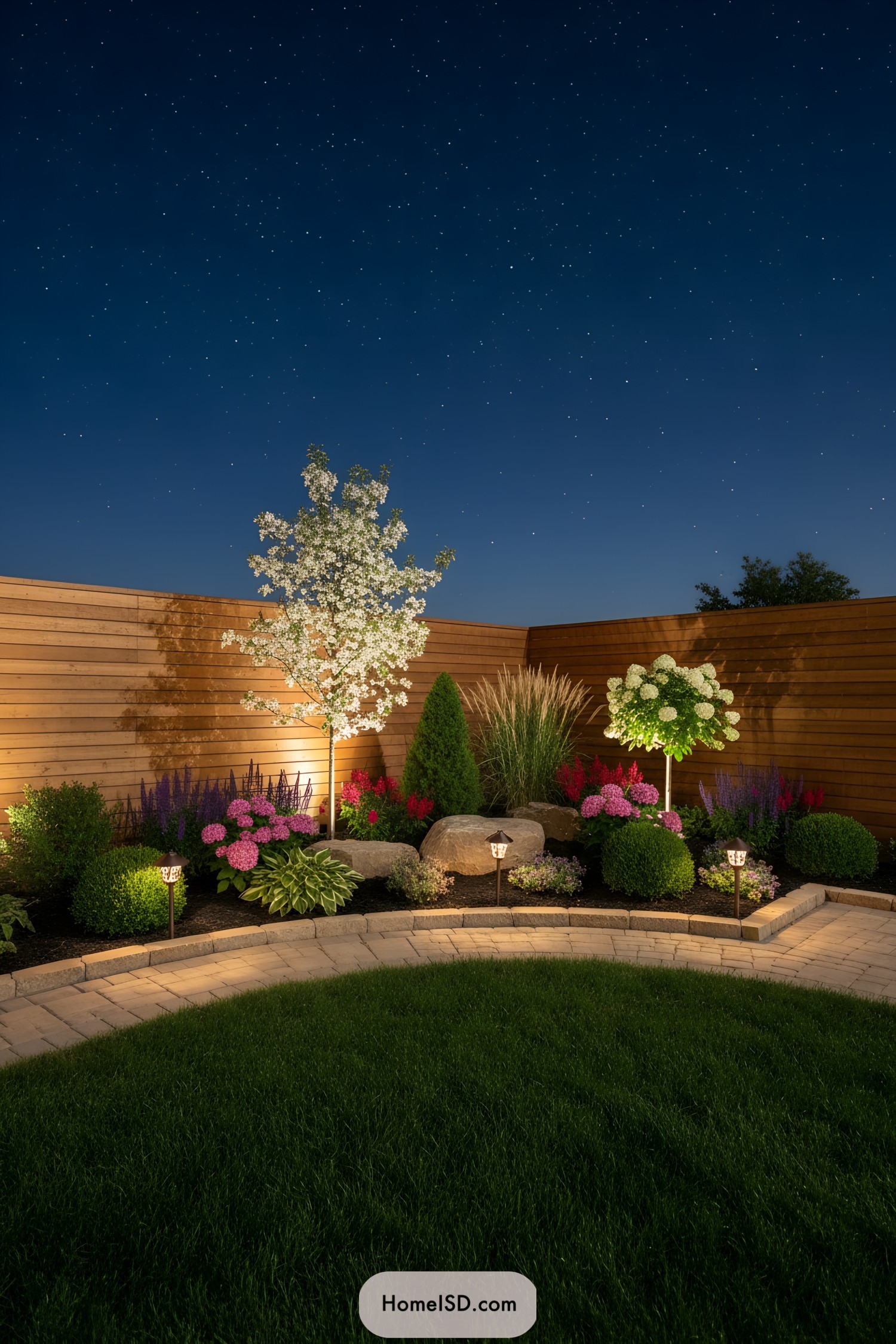 Curved backyard flower bed with uplighting, hydrangea standards, boxwoods, boulders, and path lights at night