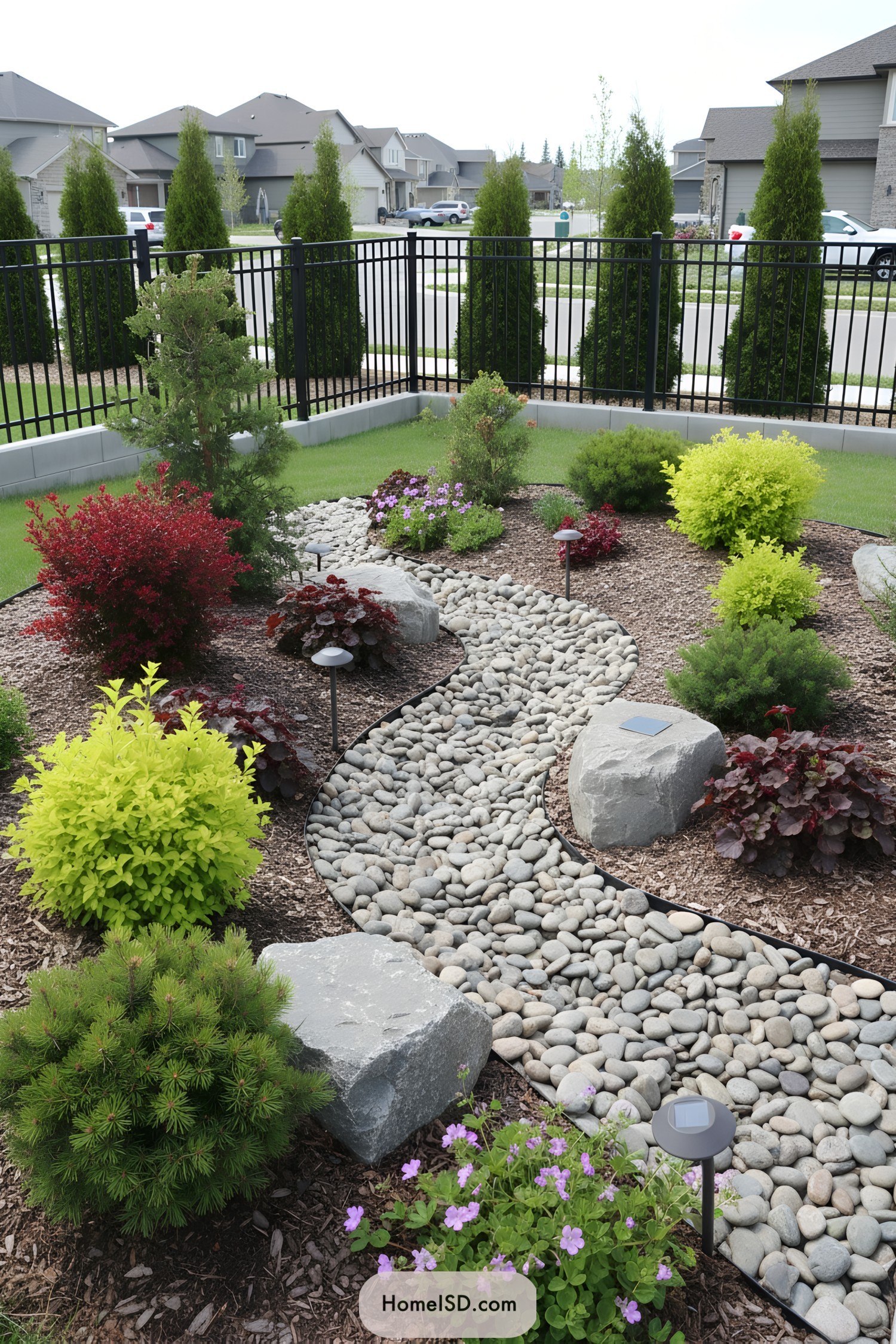Curving dry creek bed with colorful shrubs, boulders, and solar lights by a black metal fence