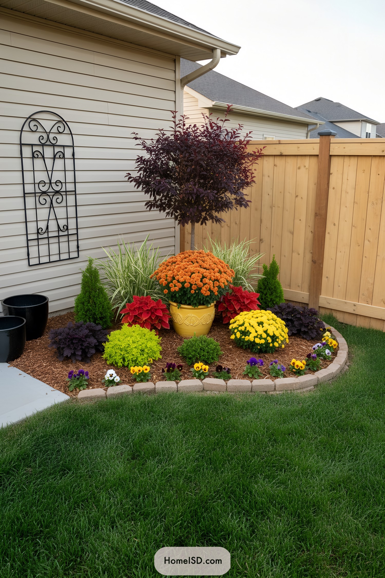 Colorful corner flower bed with mums, evergreens, and a yellow pot