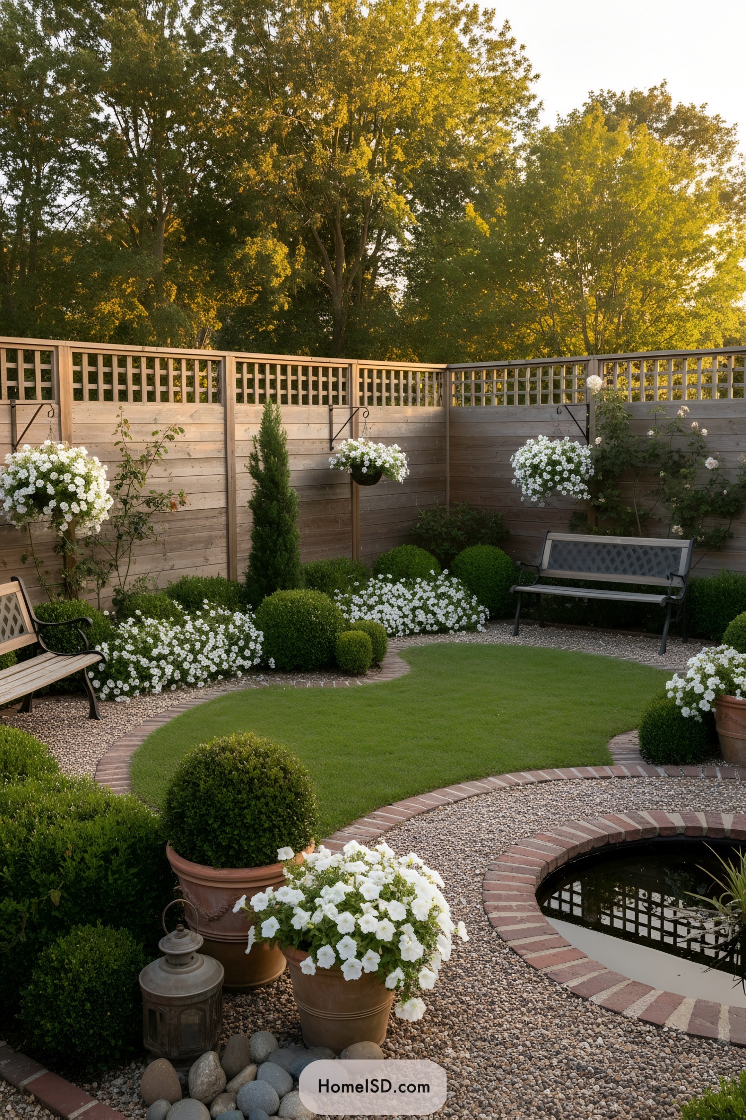 Circular lawn and pond with brick-and-gravel edging, boxwood spheres, hanging white petunias, and lattice-topped cedar fence