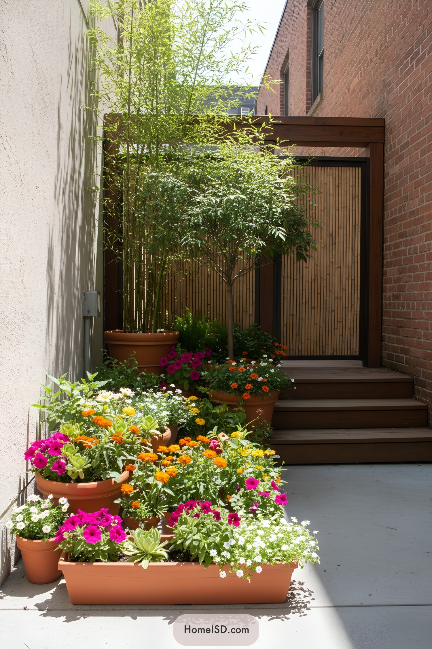 Narrow side yard with terracotta planters of bright flowers, bamboo screen, and wooden steps